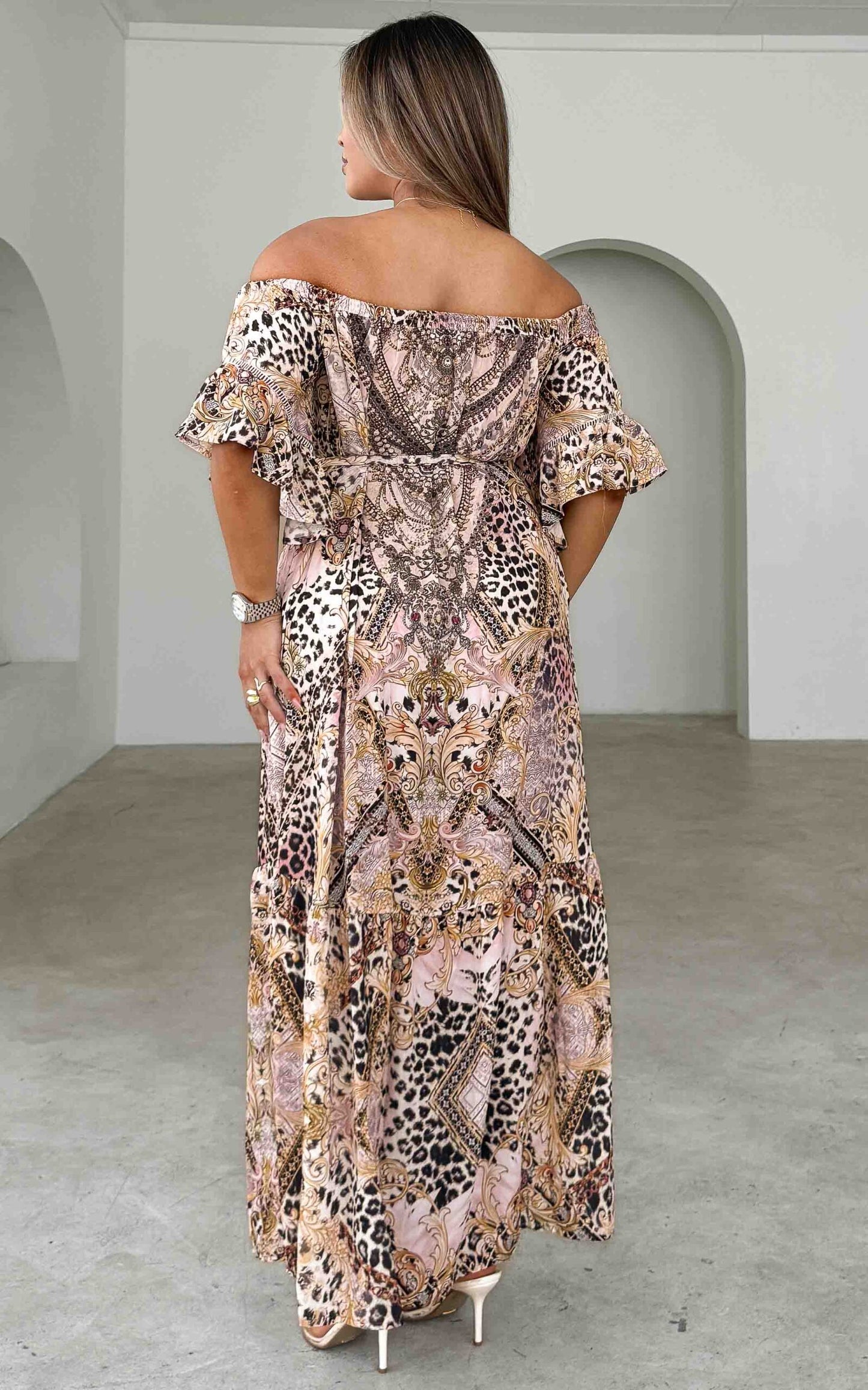 Gamela Gem Embellished Maxi Dress - Beige Leopard Multi Print