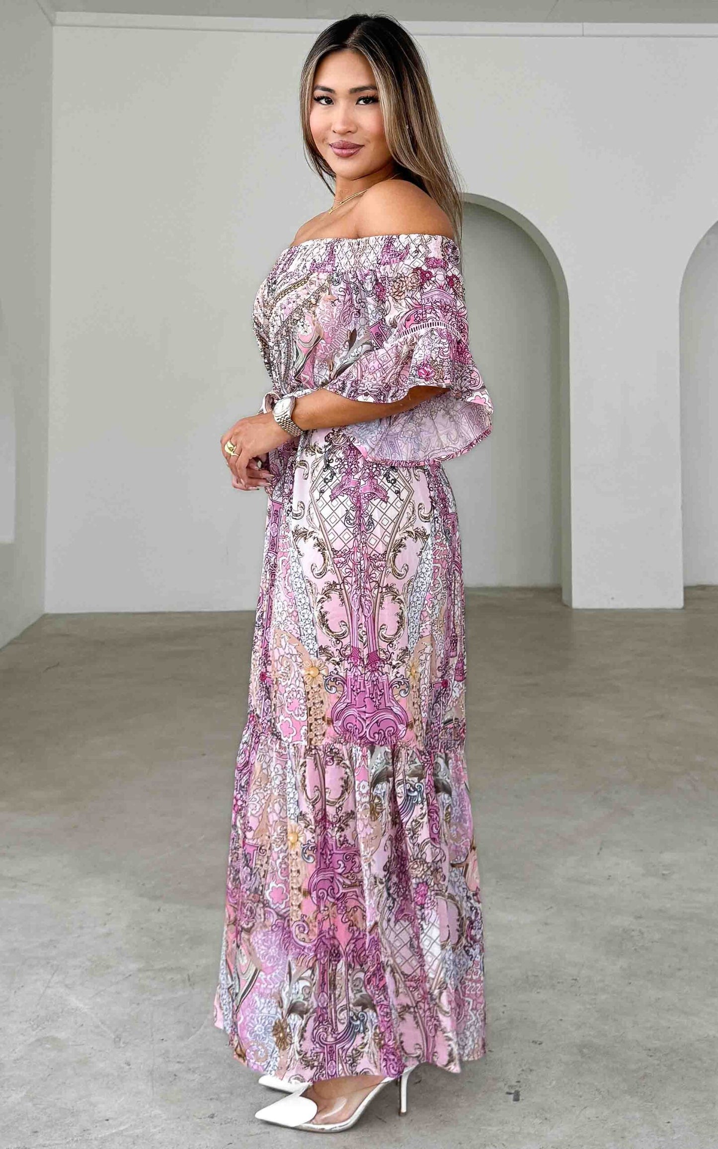 Gamela Gem Embellished Maxi Dress - Pink Multi Print