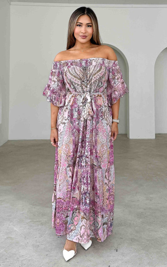 (Preorder) Gamela Gem Embellished Maxi Dress - Pink Multi Print