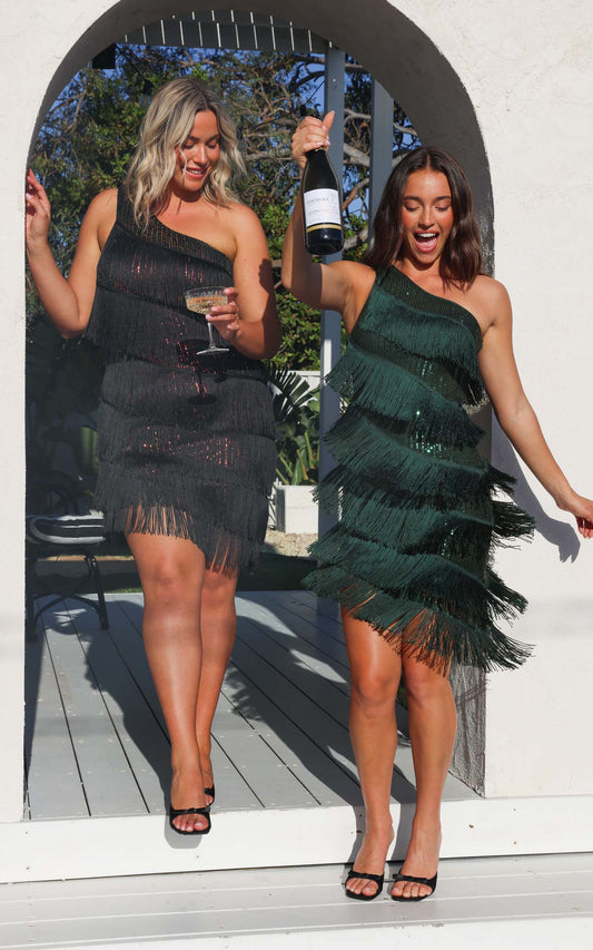 Gatsby Fringe Tassel Dress - Black Rainbow Sequin