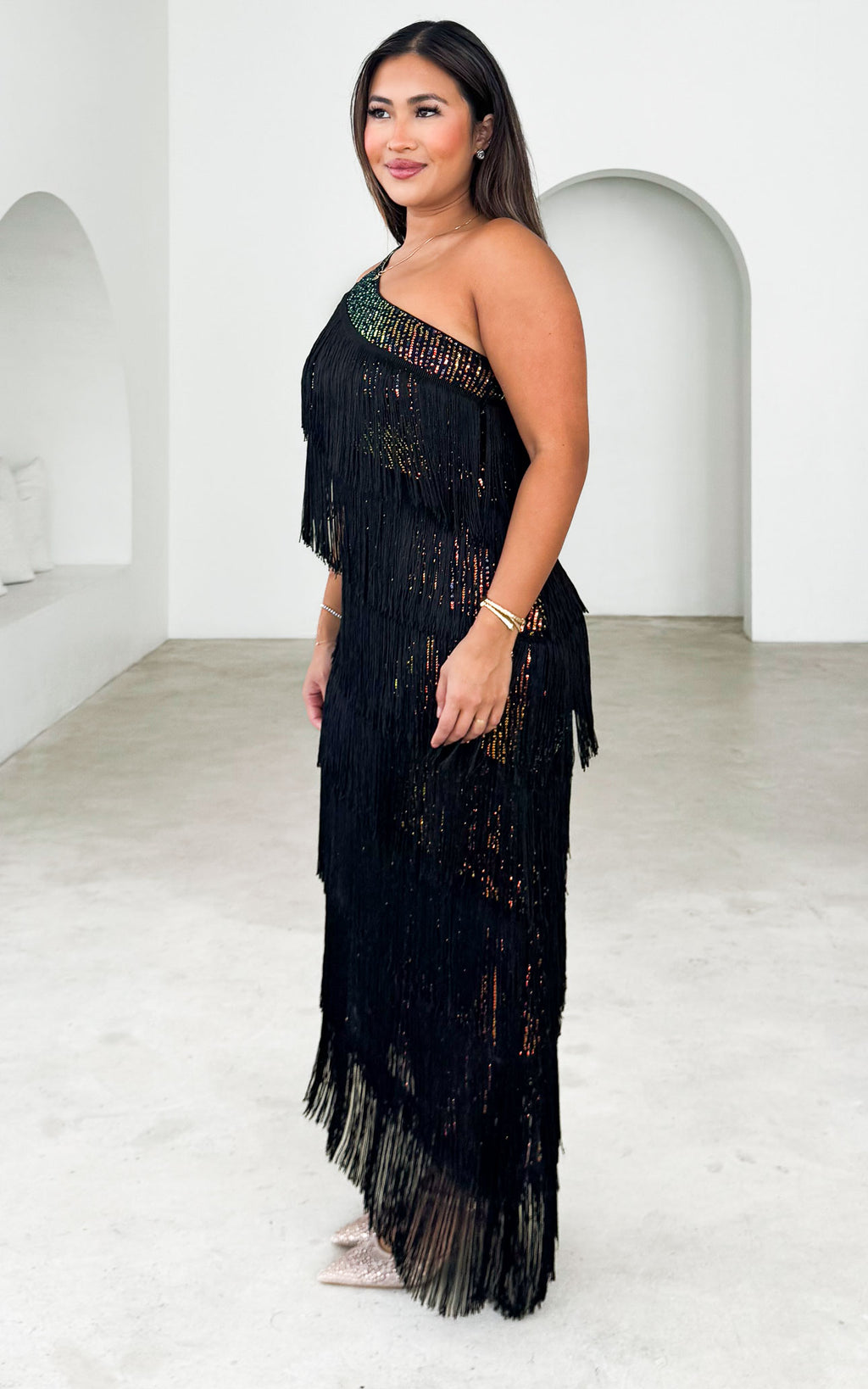 Gatsby Fringe Tassel Midi Dress - Black Rainbow Sequin