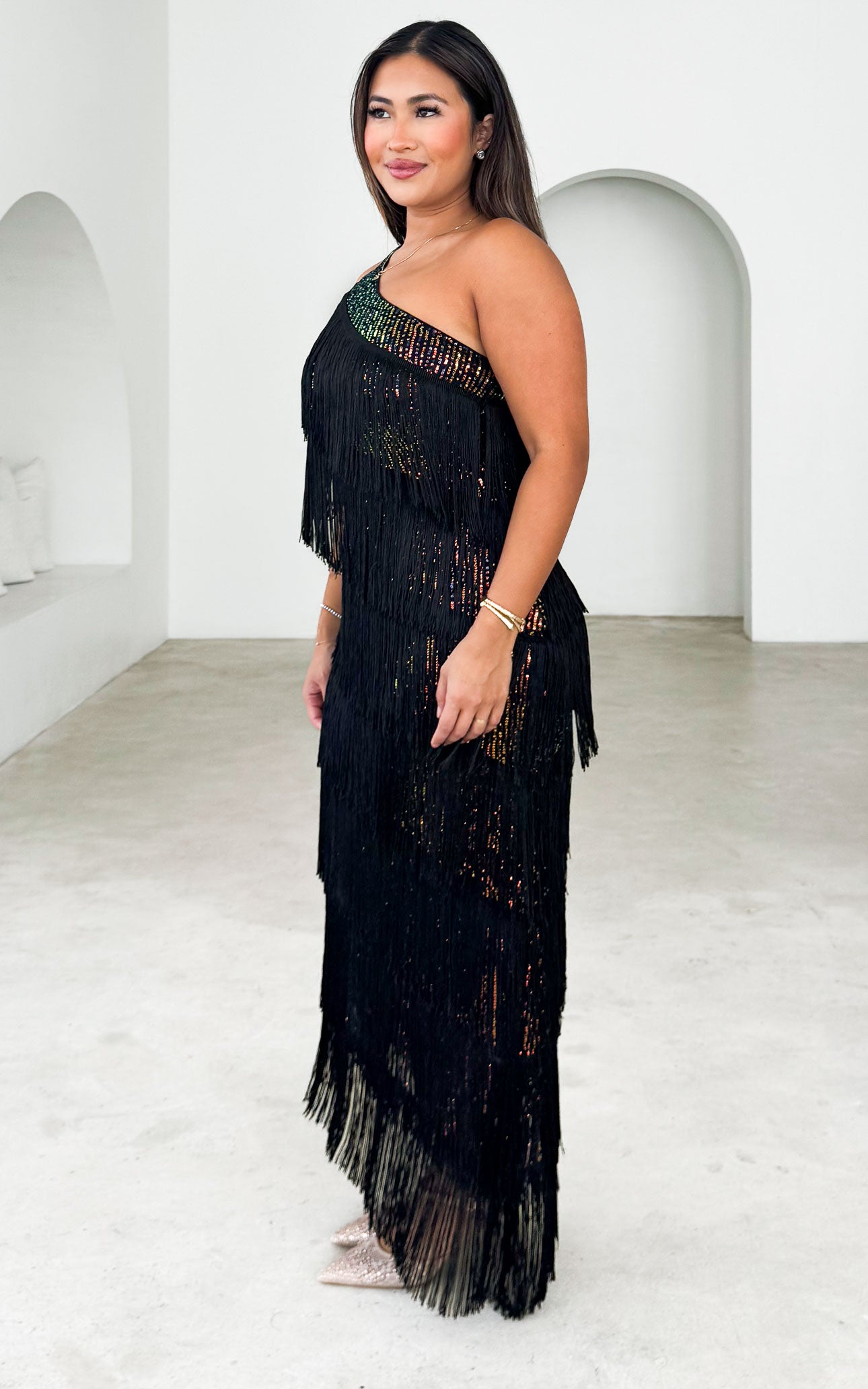 Gatsby Fringe Tassel Midi Dress - Black Rainbow Sequin