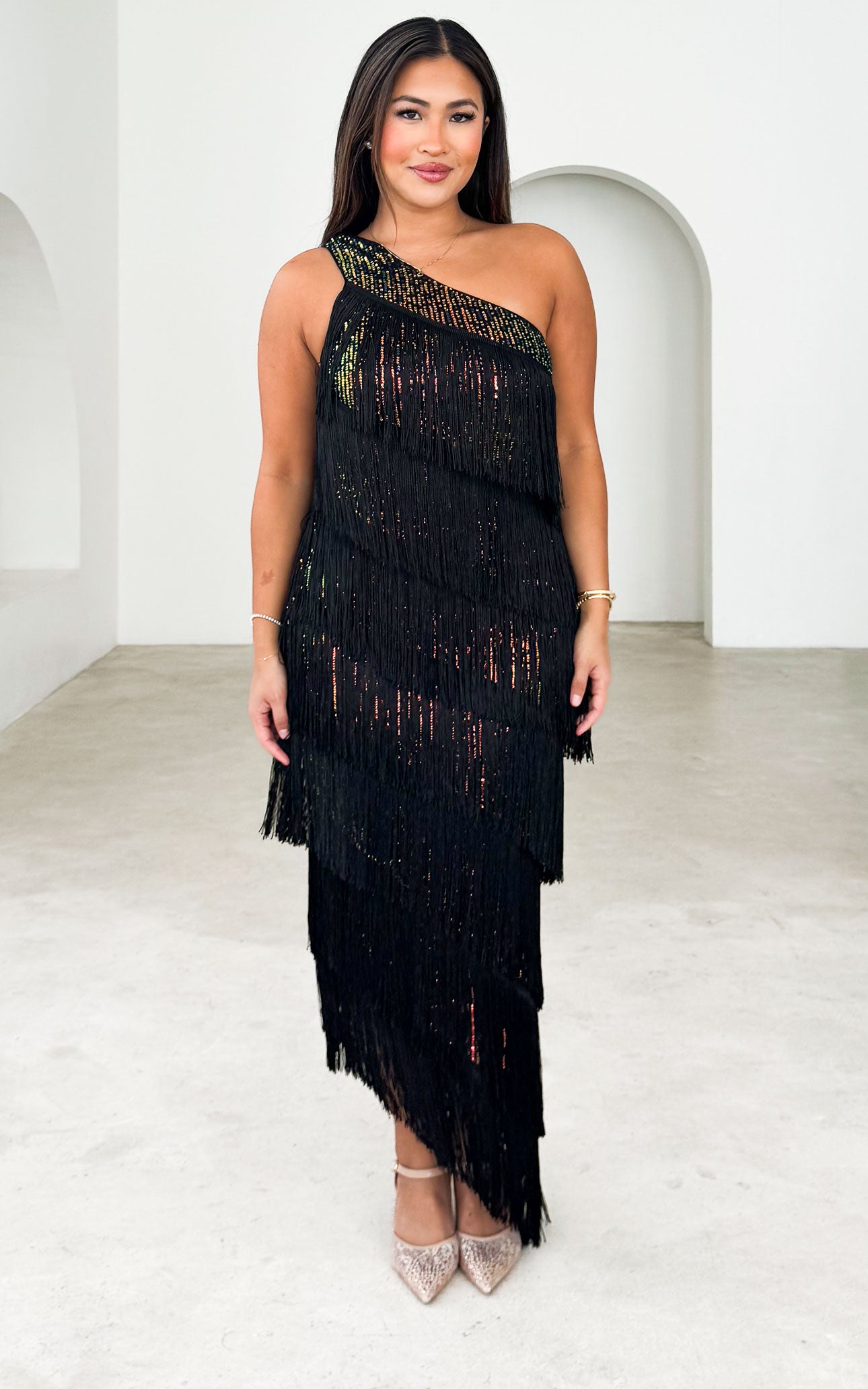 Gatsby Fringe Tassel Midi Dress - Black Rainbow Sequin