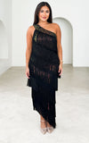 Gatsby Fringe Tassel Midi Dress - Black Rainbow Sequin