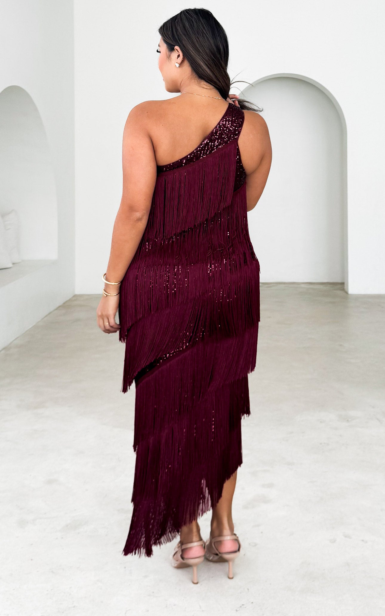 Gatsby Fringe Tassel Midi Dress - Wine Sequin