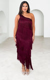 Gatsby Fringe Tassel Midi Dress - Wine Sequin