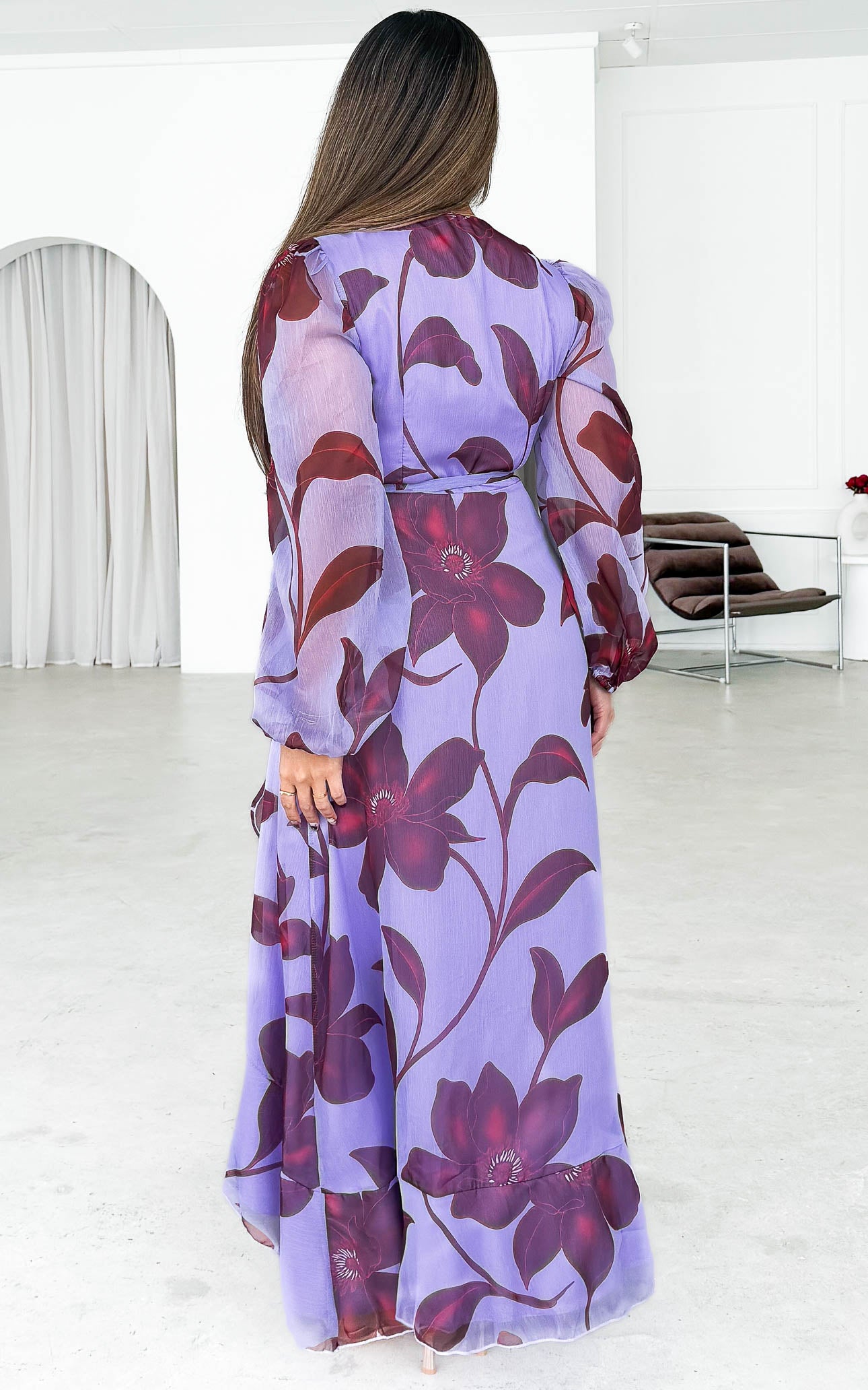 Odette Long Sleeve Wrap Maxi Dress - Lilac Wine Floral