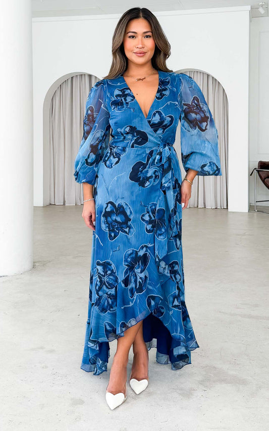 Odette Long Sleeve Wrap Maxi Dress - Orchid Blue