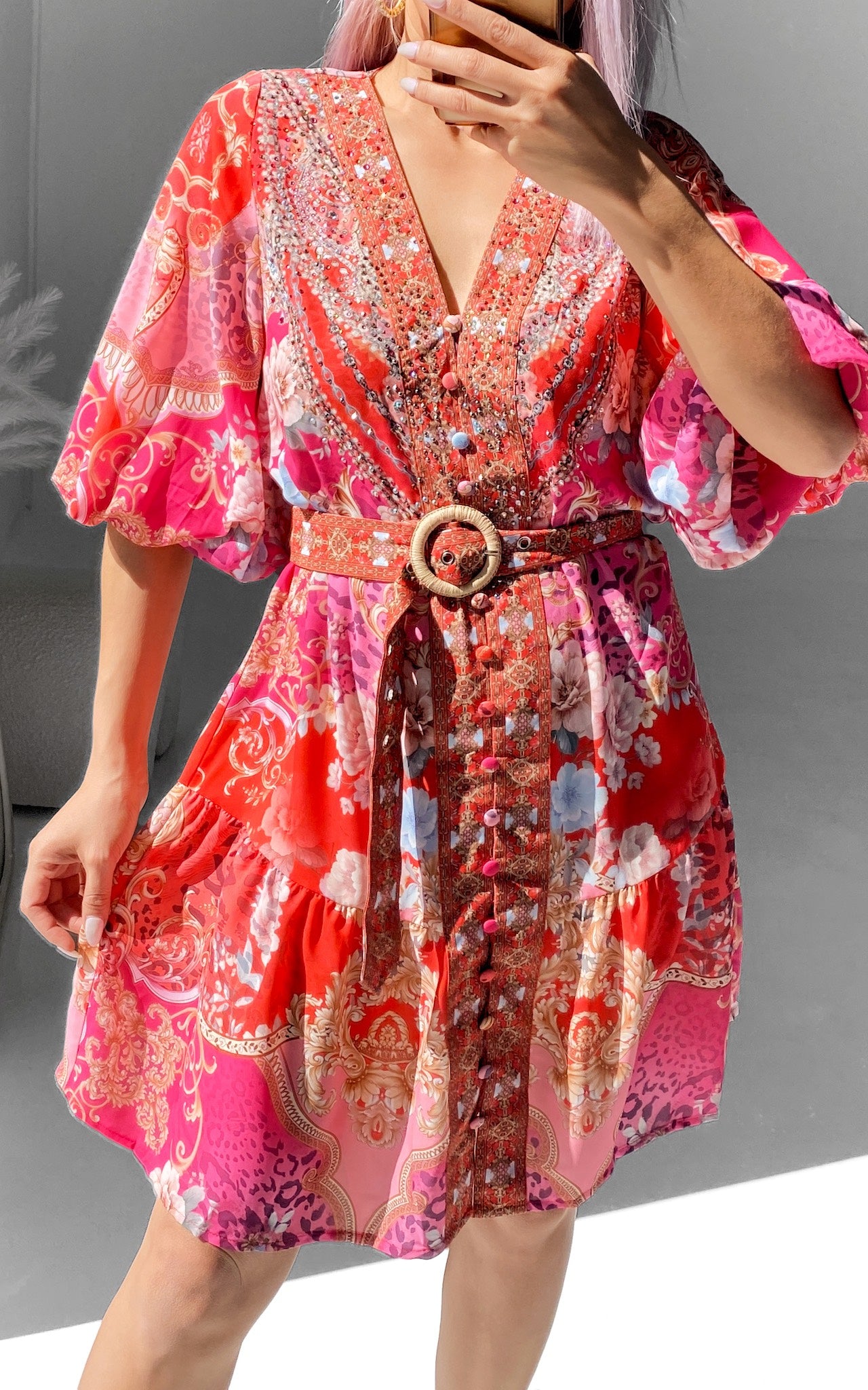 Gemini Gem Embellished Dress - Red Pink Multi Print