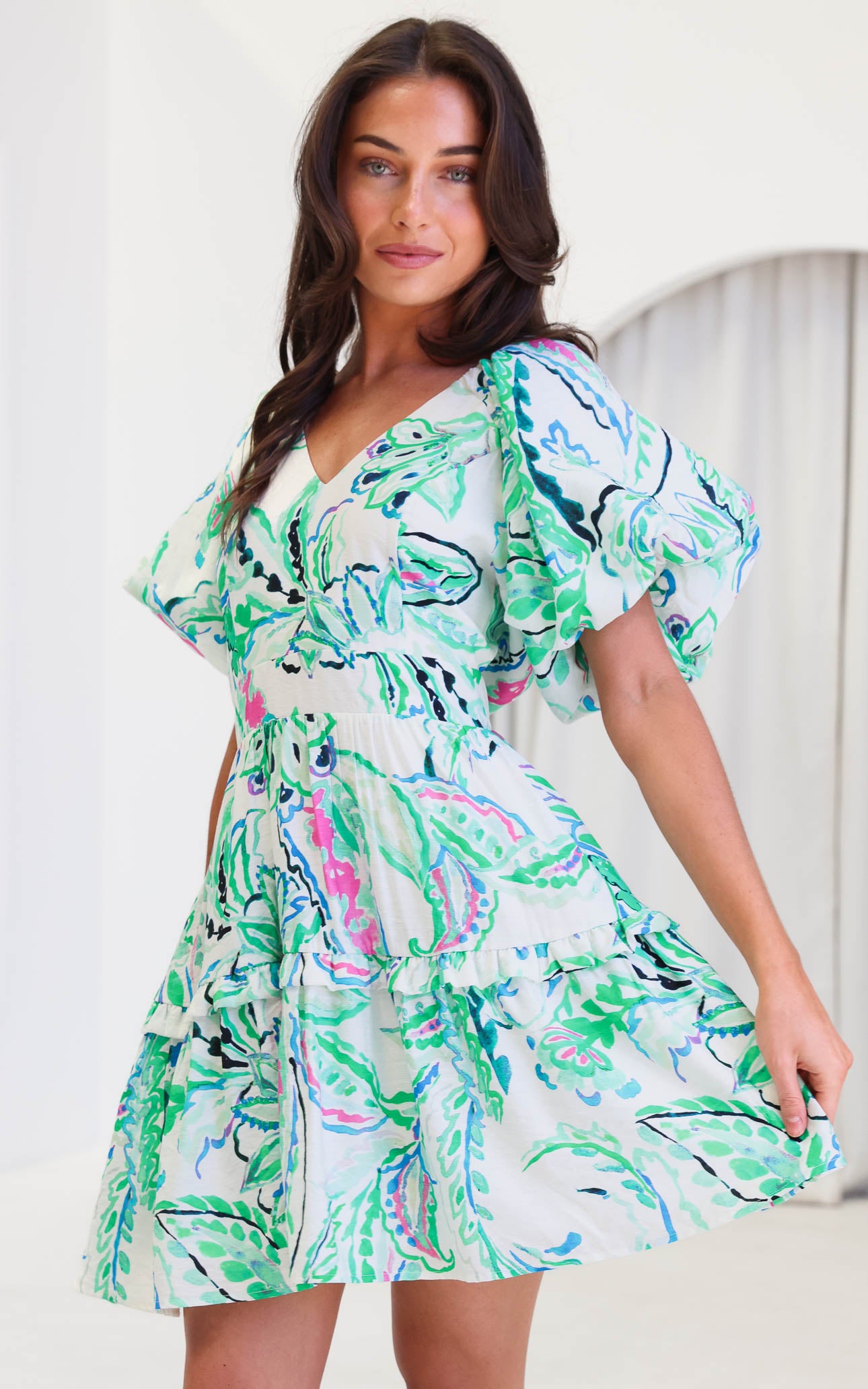 Georgie Mini Dress - White Green Print