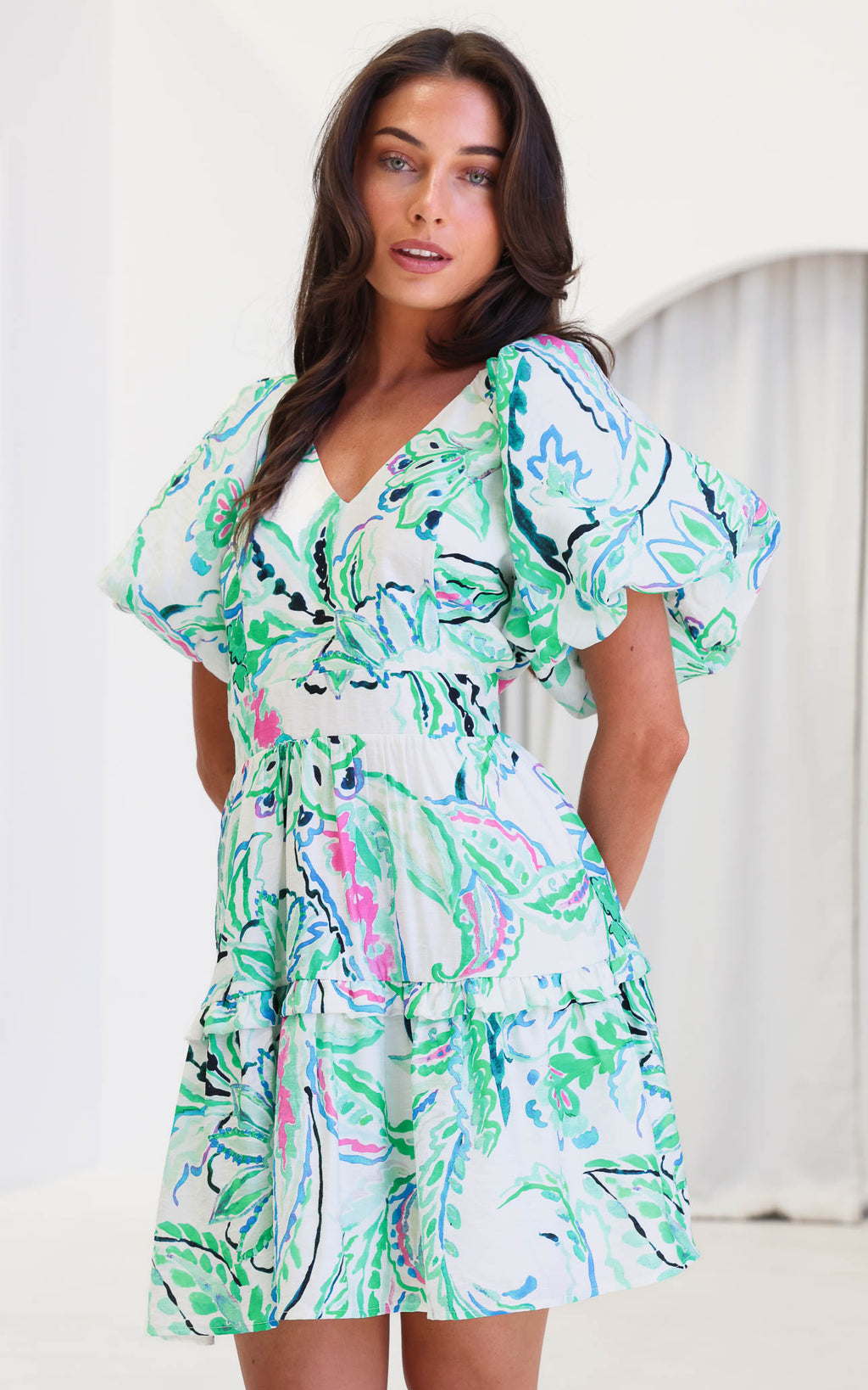 Georgie Mini Dress - White Green Print