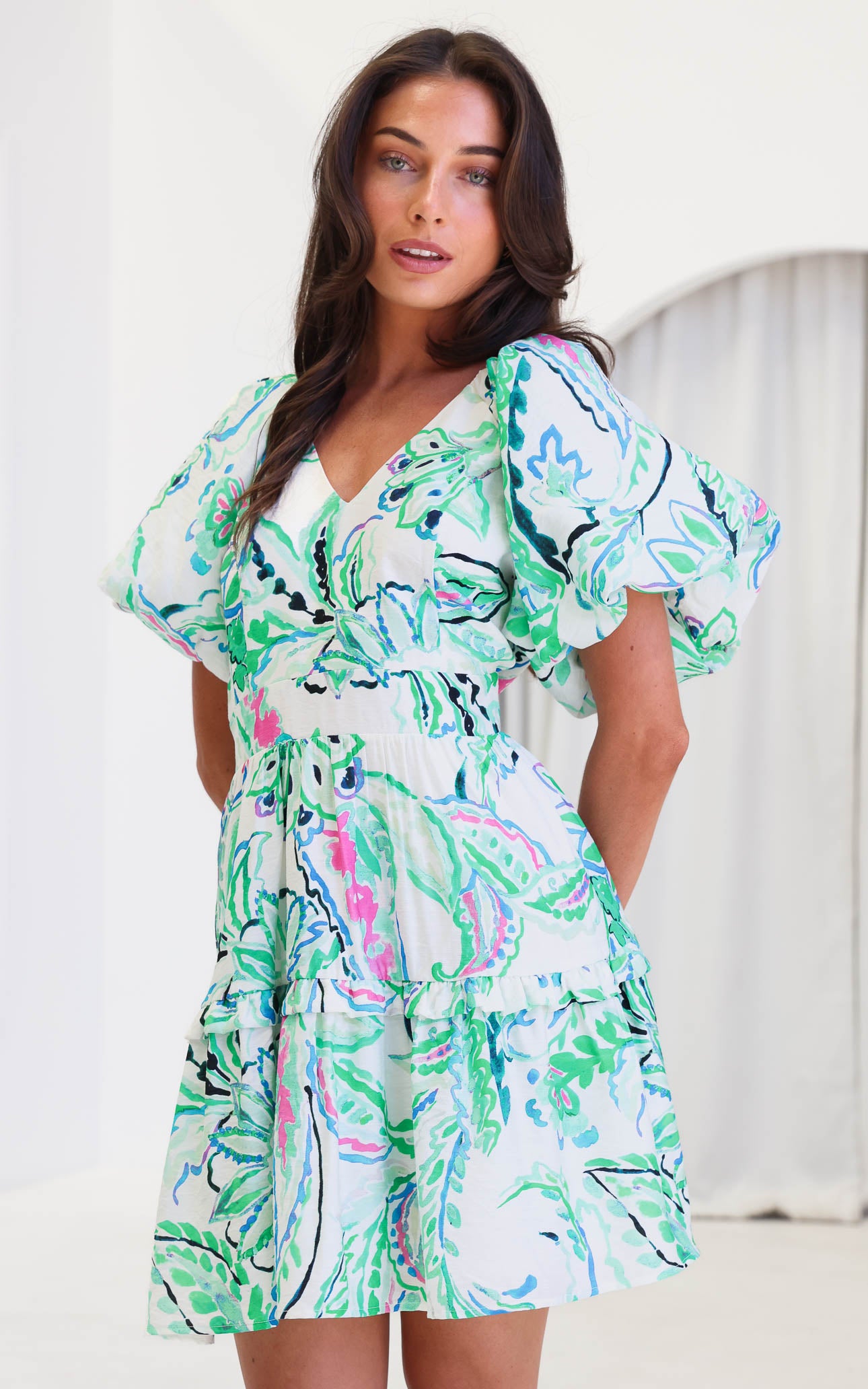 Georgie Mini Dress - White Green Print