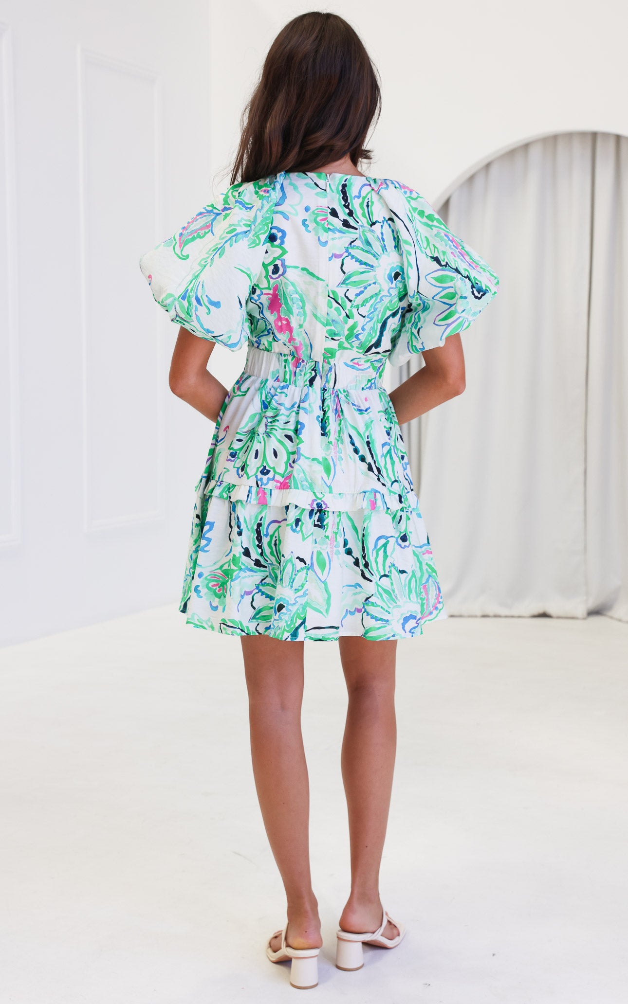 Georgie Mini Dress - White Green Print