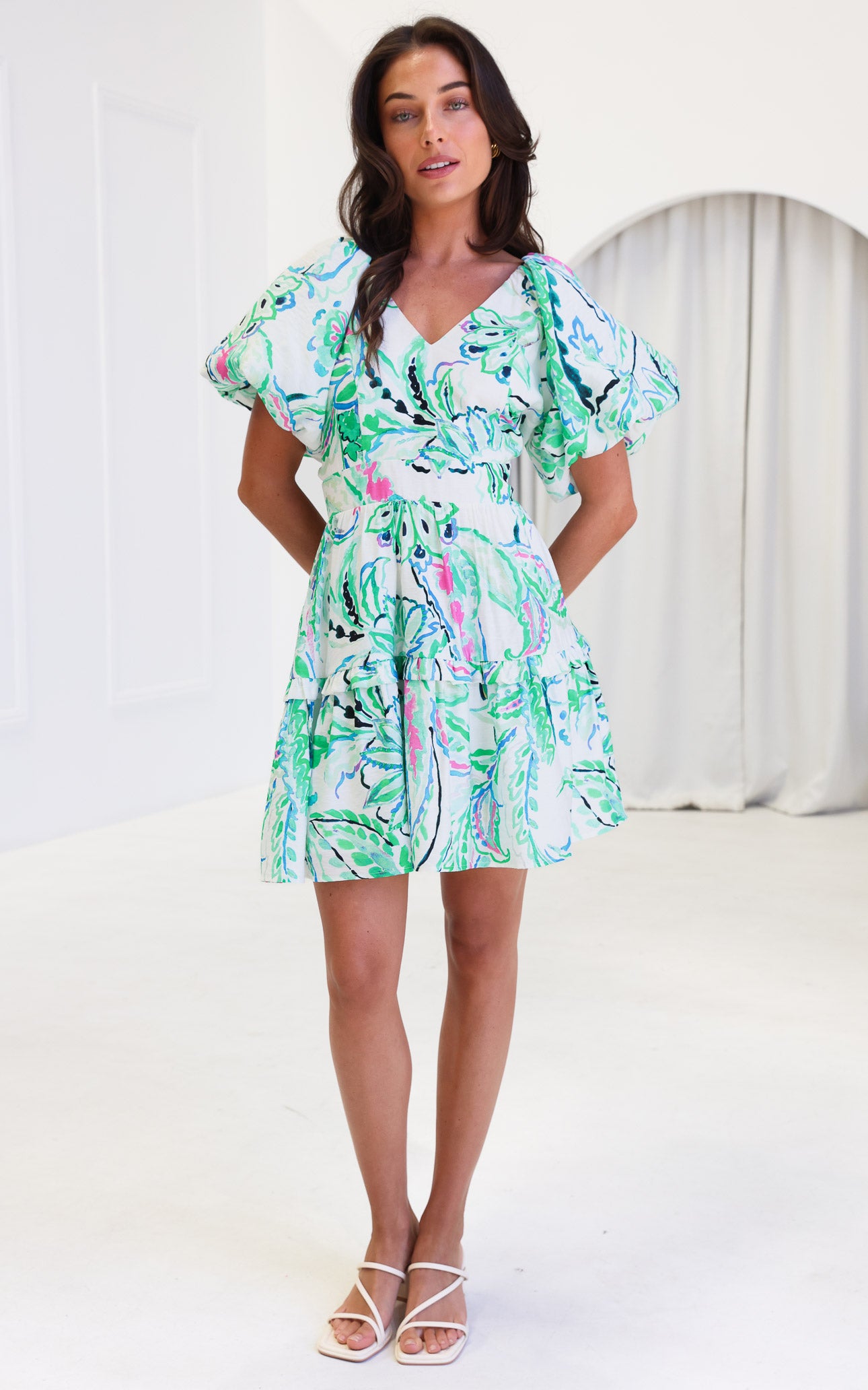 Georgie Mini Dress - White Green Print