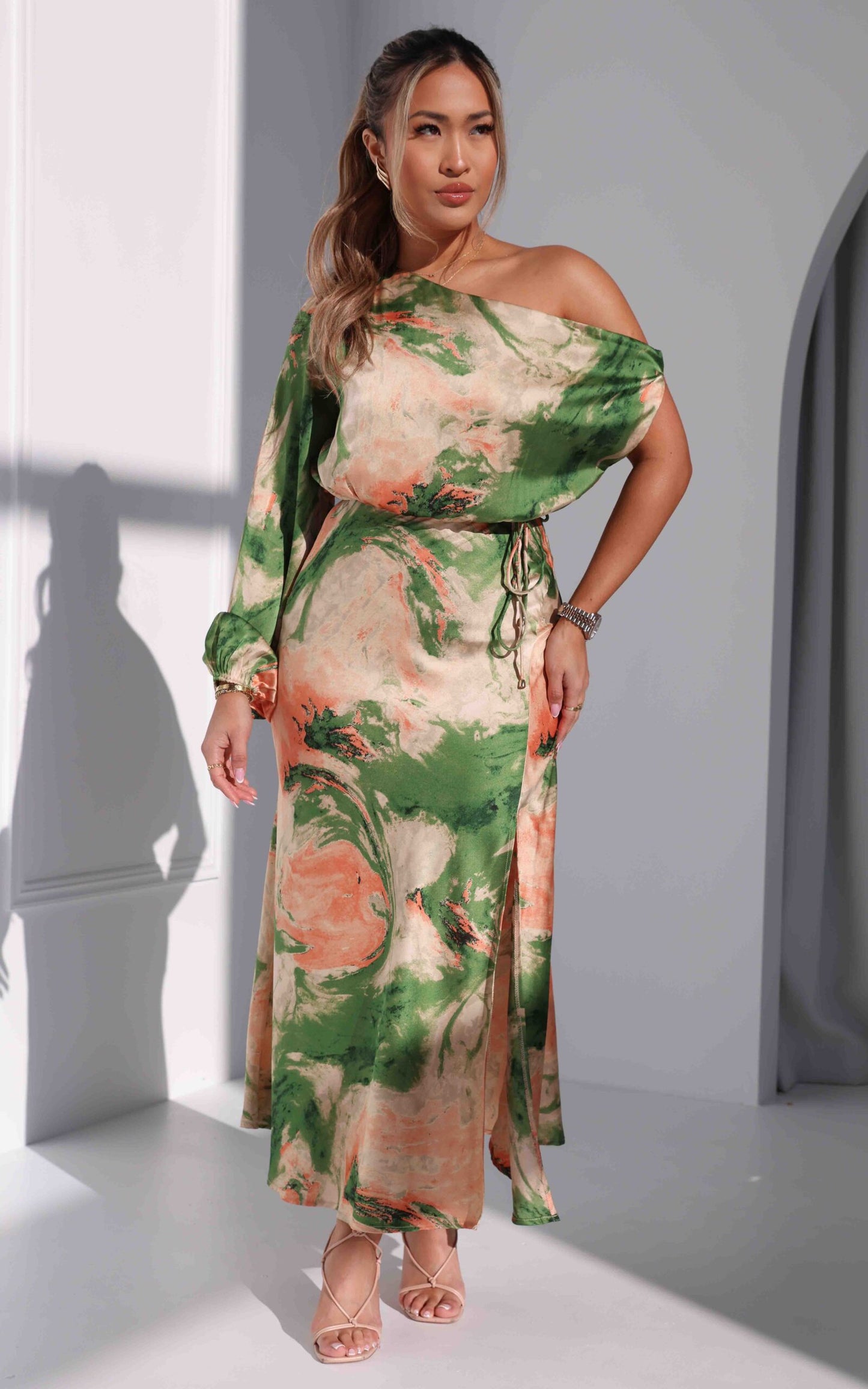 MARTISHA ASYMMETRIC OFF SHOULDER LONG BALLOON SLEEVE SPLIT MAXI DRESS - GREEN PEACH MULTI PRINT By Amica MARTISHA ASYMMETRIC OFF SHOULDER LONG BALLOON SLEEVE SPLIT MAXI DRESS - GREEN PEACH MULTI PRINT By Amica