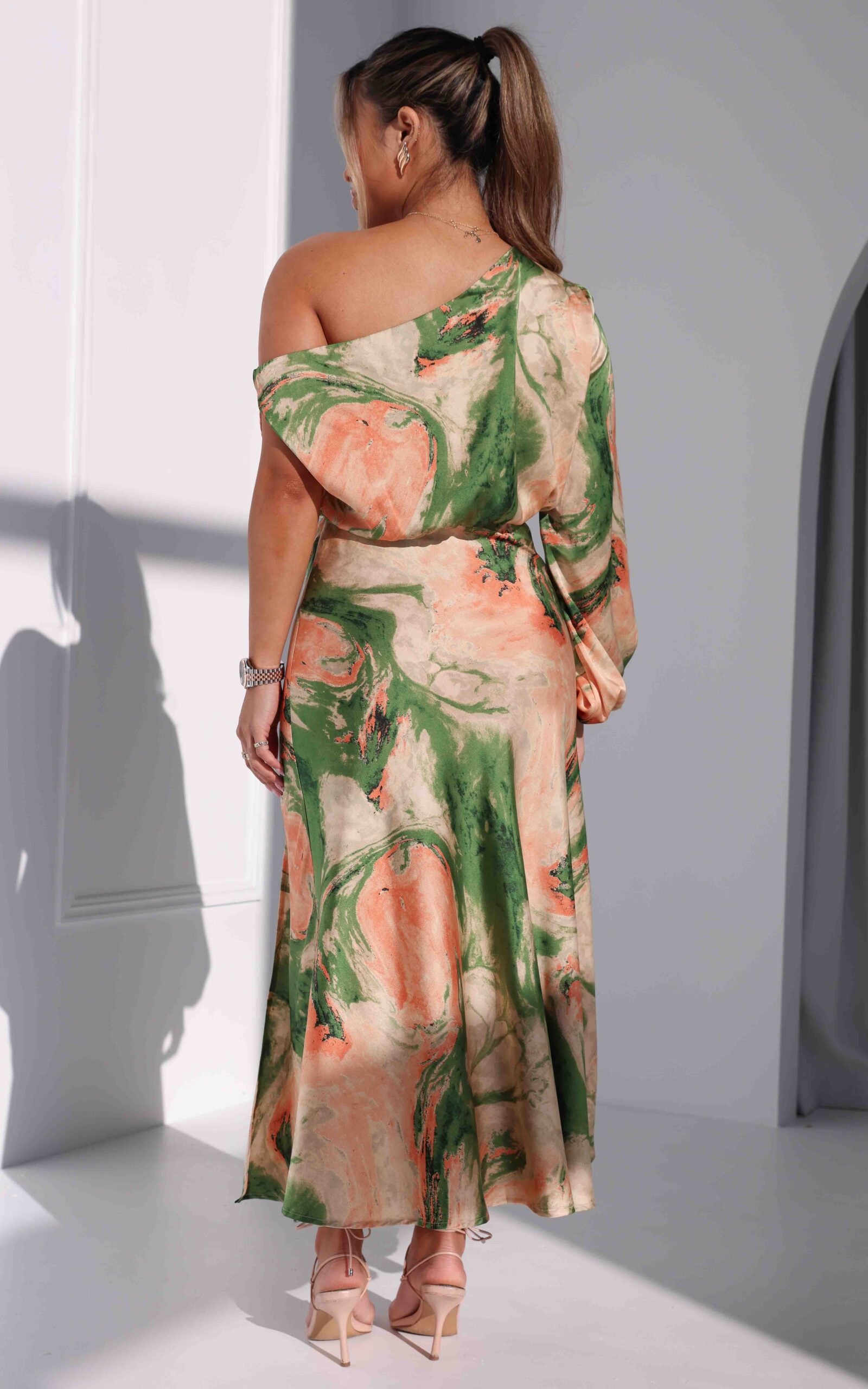 Martisha Long Sleeve Maxi Dress - Green Peach Multi Print