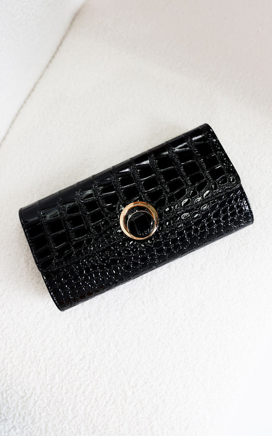 Gretta Croc Texture Clutch Bag - Black