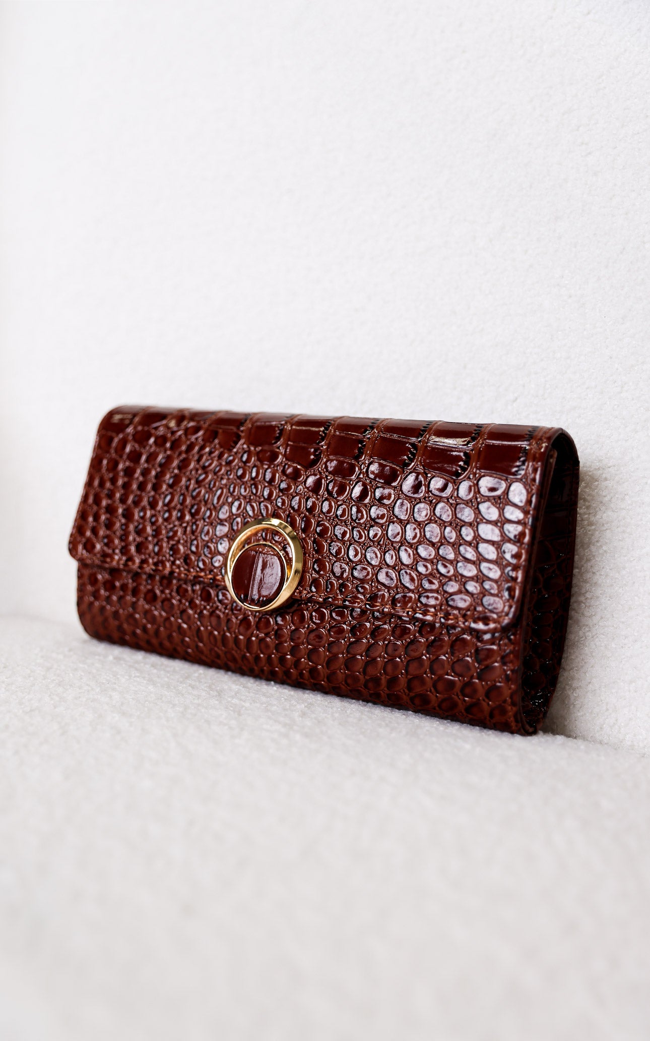 Gretta Croc Texture Clutch Bag - Coffee Brown