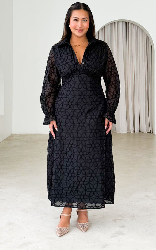 Gabbie Long Sleeve Maxi Dress - Black Floral Texture