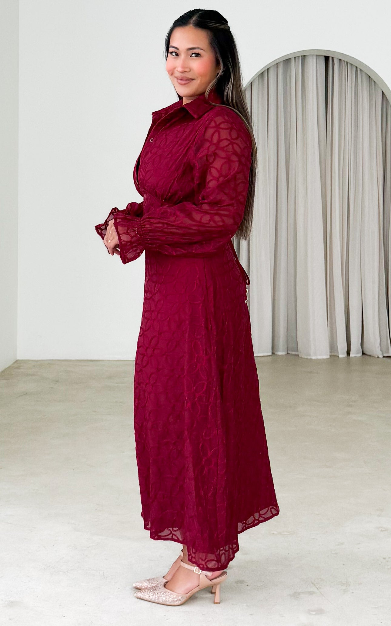 Gabbie Long Sleeve Maxi Dress - Wine Floral Texture
