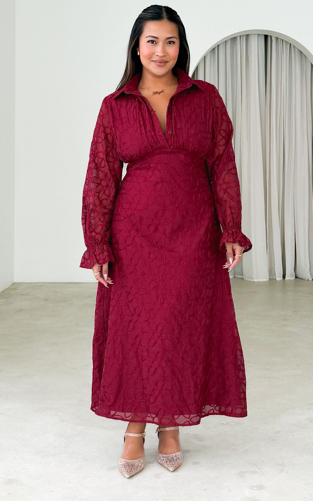 Gabbie Long Sleeve Maxi Dress - Wine Floral Texture