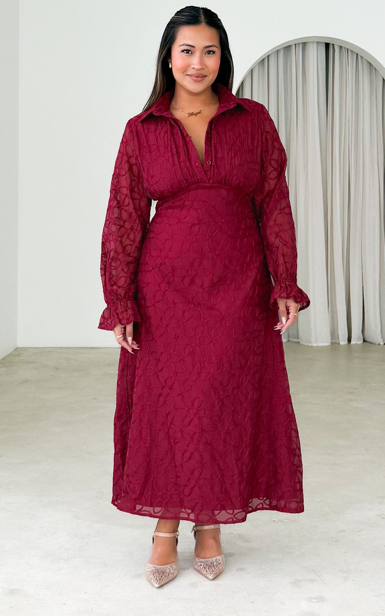 Gabbie Long Sleeve Maxi Dress - Wine Floral Texture