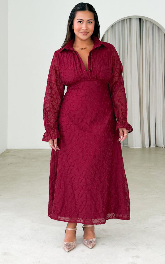 Gabbie Long Sleeve Maxi Dress - Wine Floral Texture