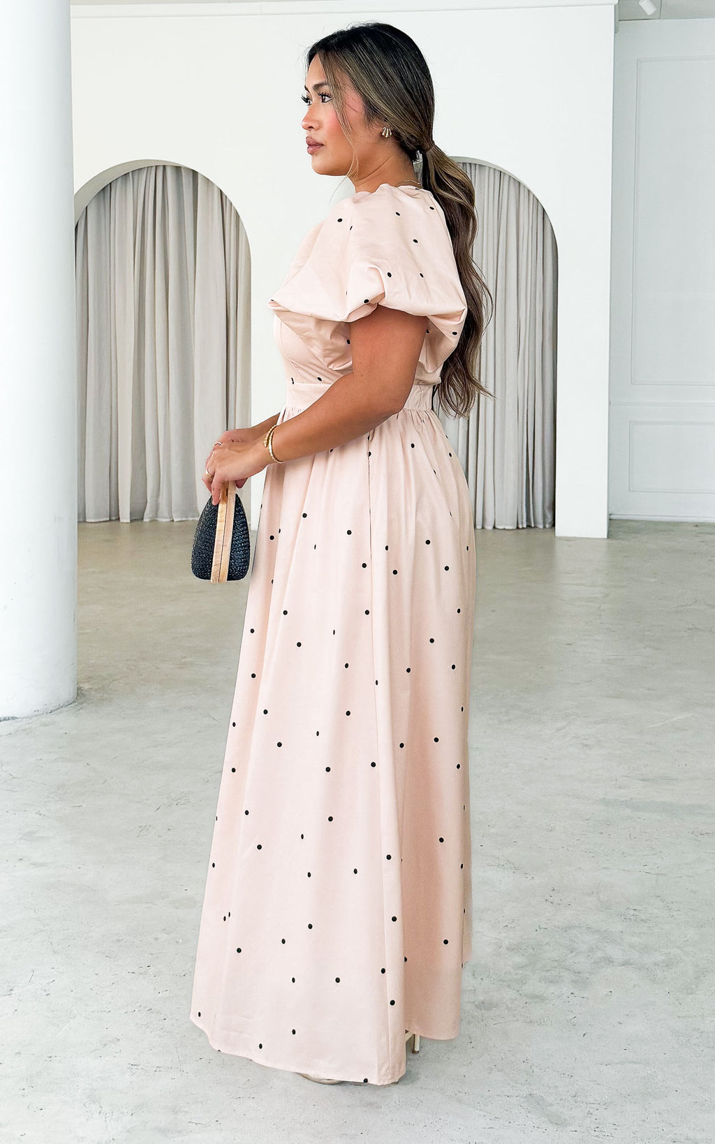 Georgie Maxi Dress - Champagne Black Polka Dot