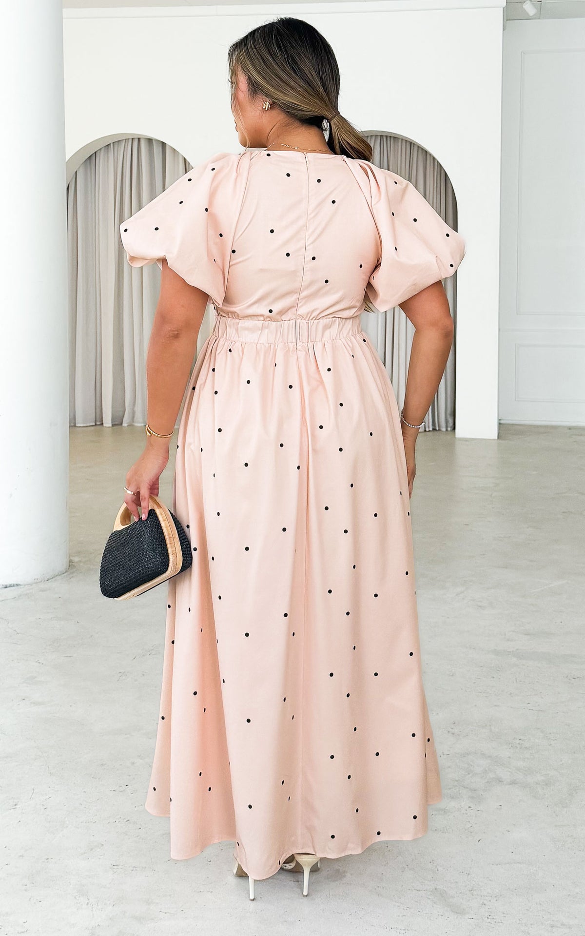 Georgie Maxi Dress - Champagne Black Polka Dot