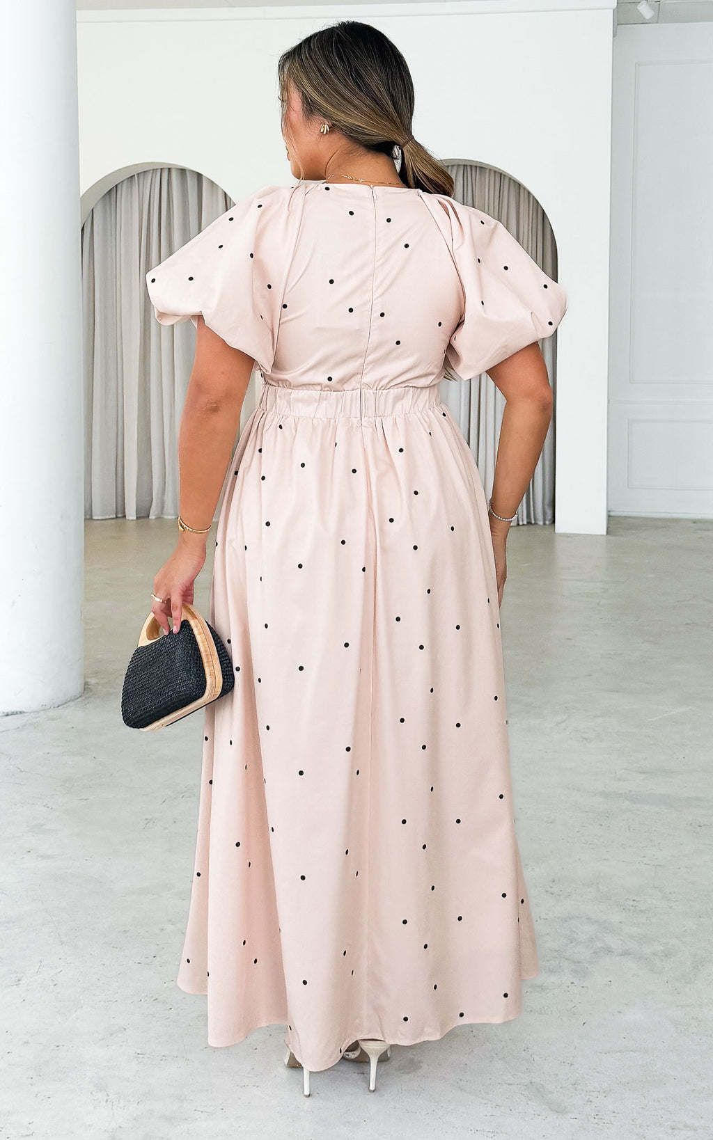 Georgie Maxi Dress - Champagne Black Polka Dot