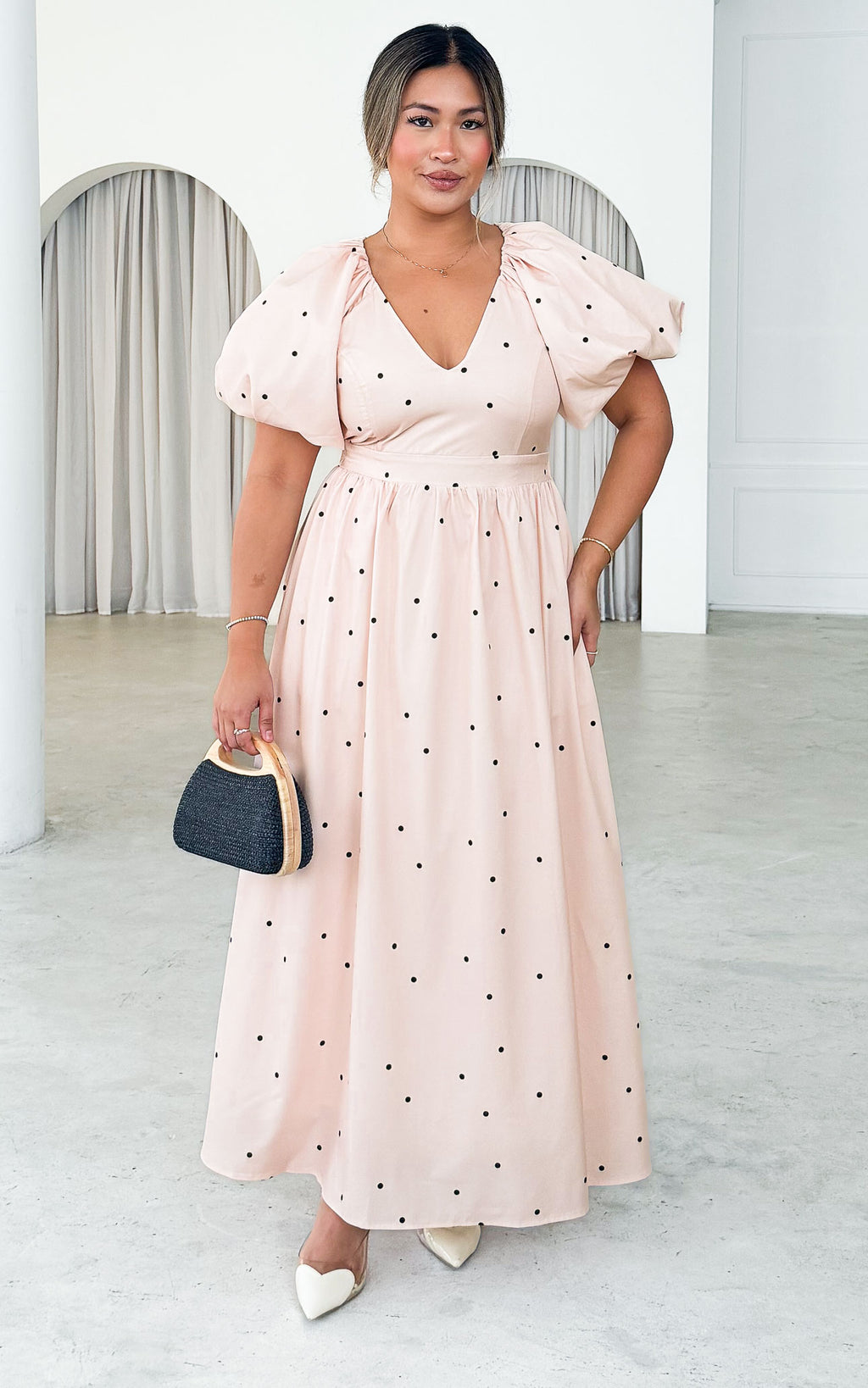 Georgie Maxi Dress - Champagne Black Polka Dot