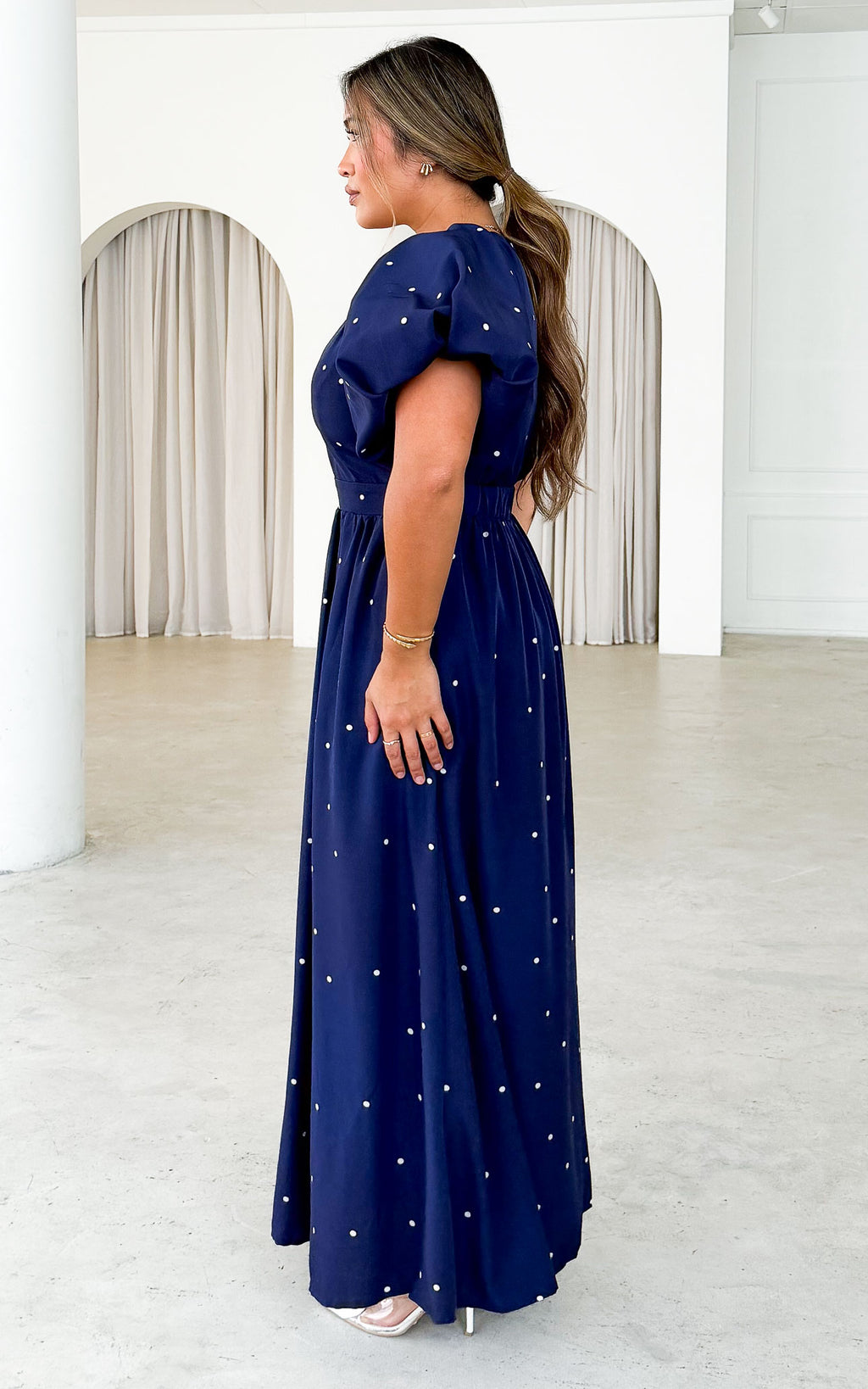Georgie Maxi Dress - Navy White Polka Dot