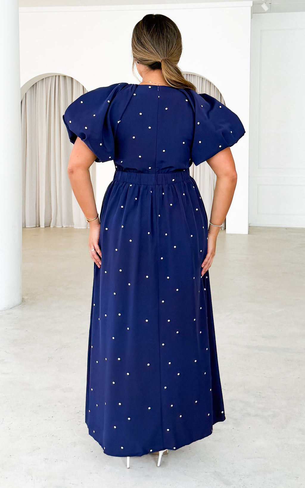 Georgie Maxi Dress - Navy White Polka Dot