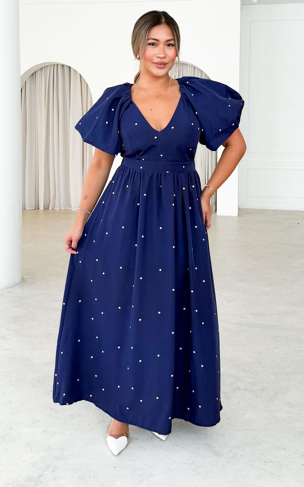 Georgie Maxi Dress - Navy White Polka Dot