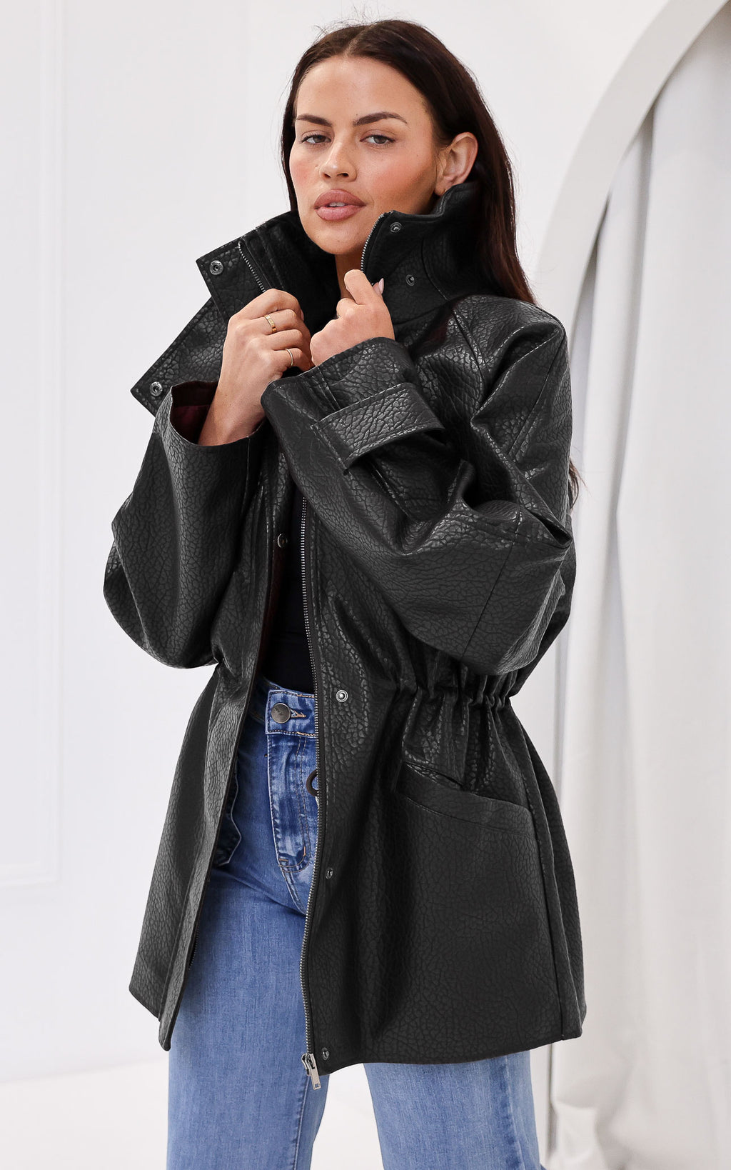 Gianna Faux Leather Parka - Black Texture