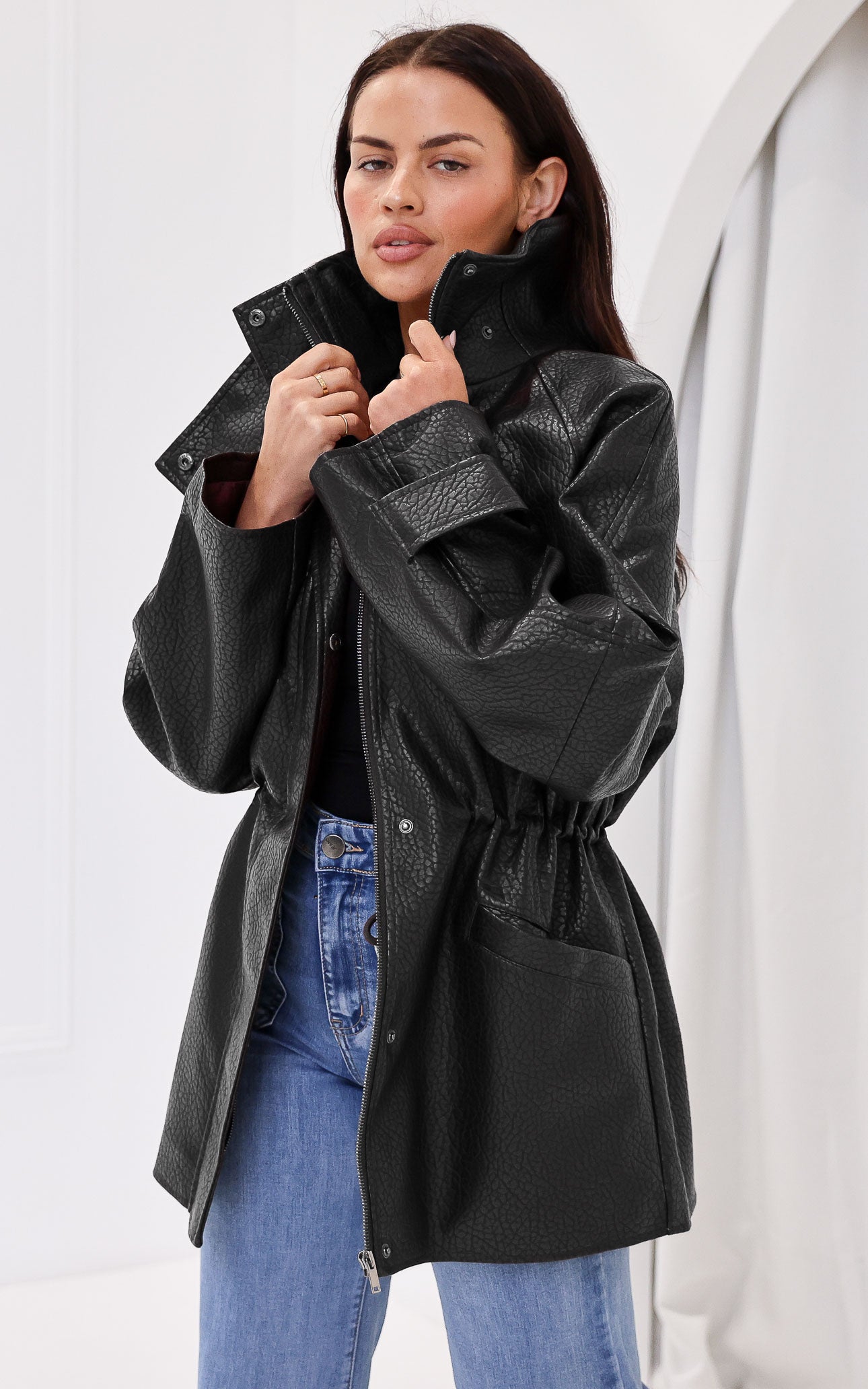 Gianna Faux Leather Parka - Black Texture