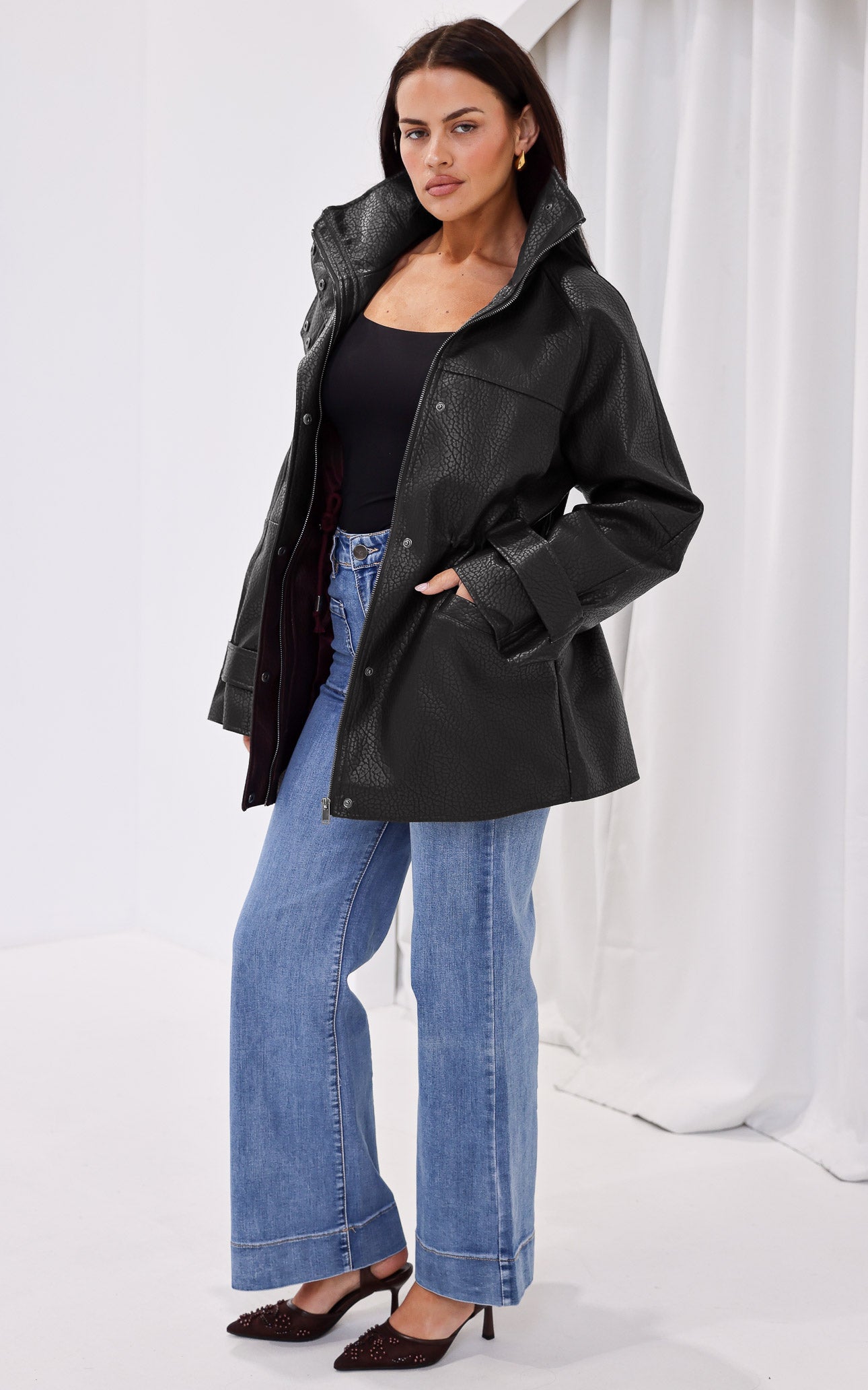Gianna Faux Leather Parka - Black Texture