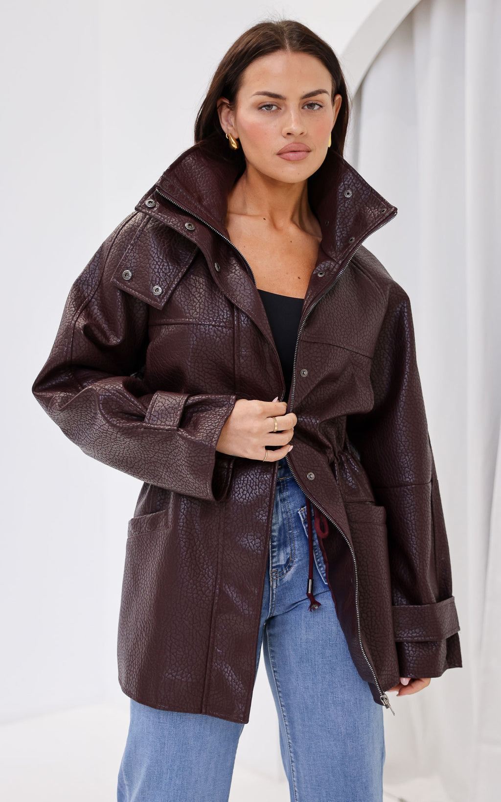 Gianna Faux Leather Parka - Wine Texture