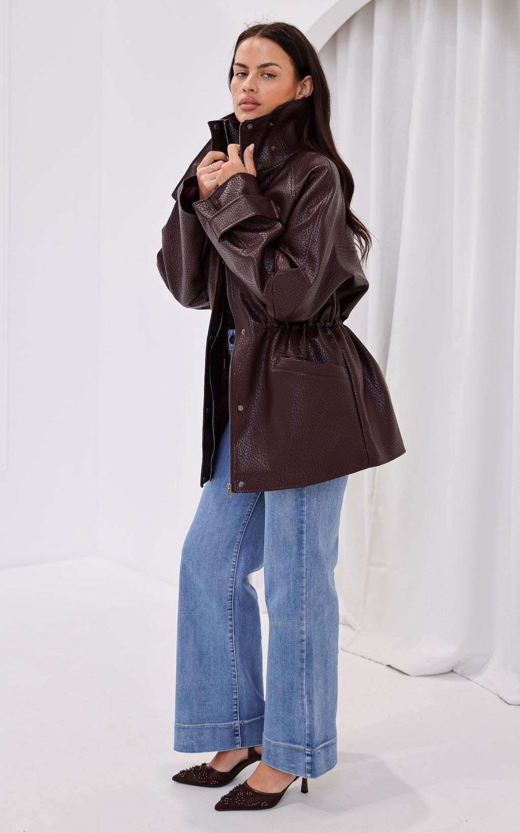Gianna Faux Leather Parka - Wine Texture