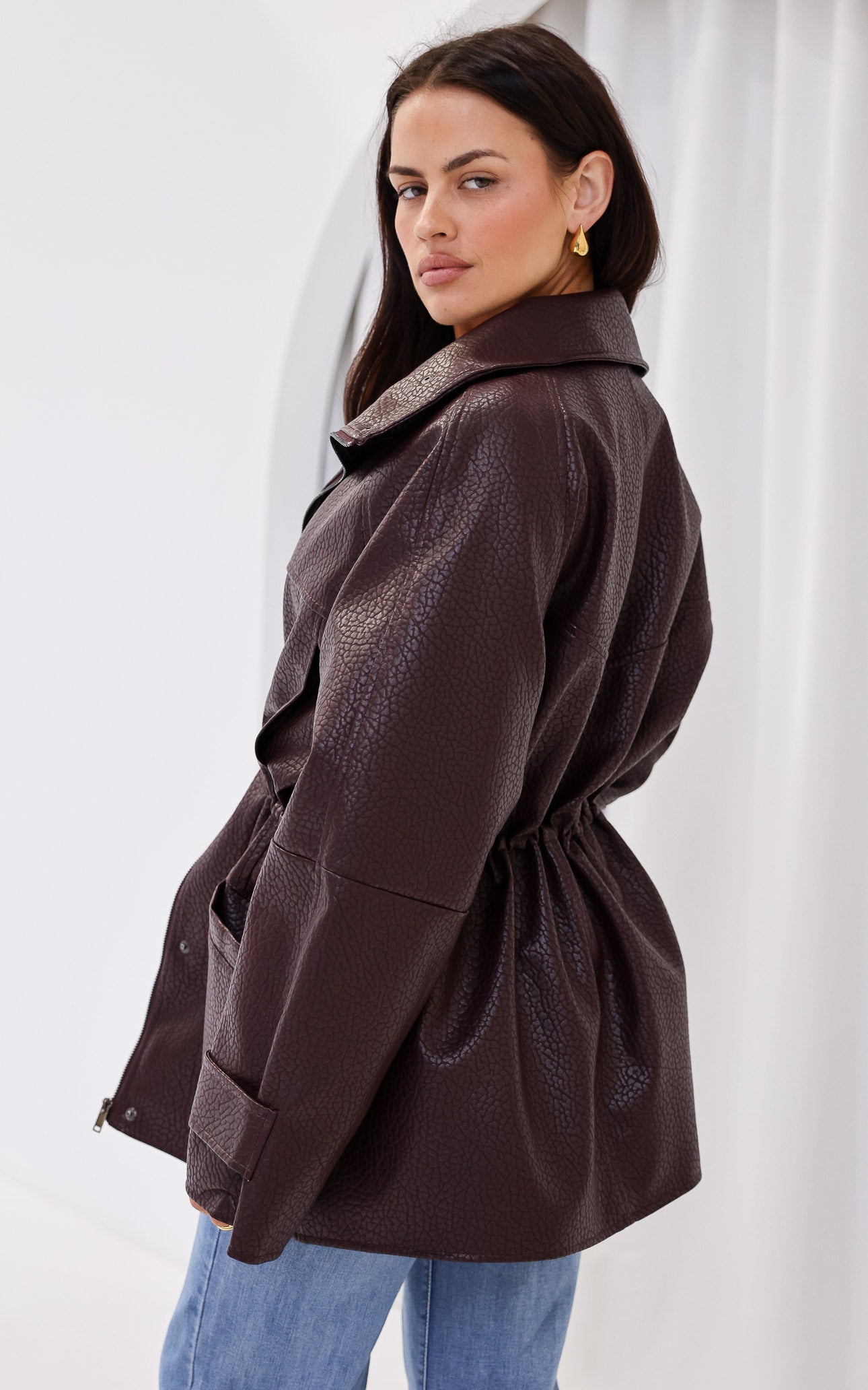Gianna Faux Leather Parka - Wine Texture