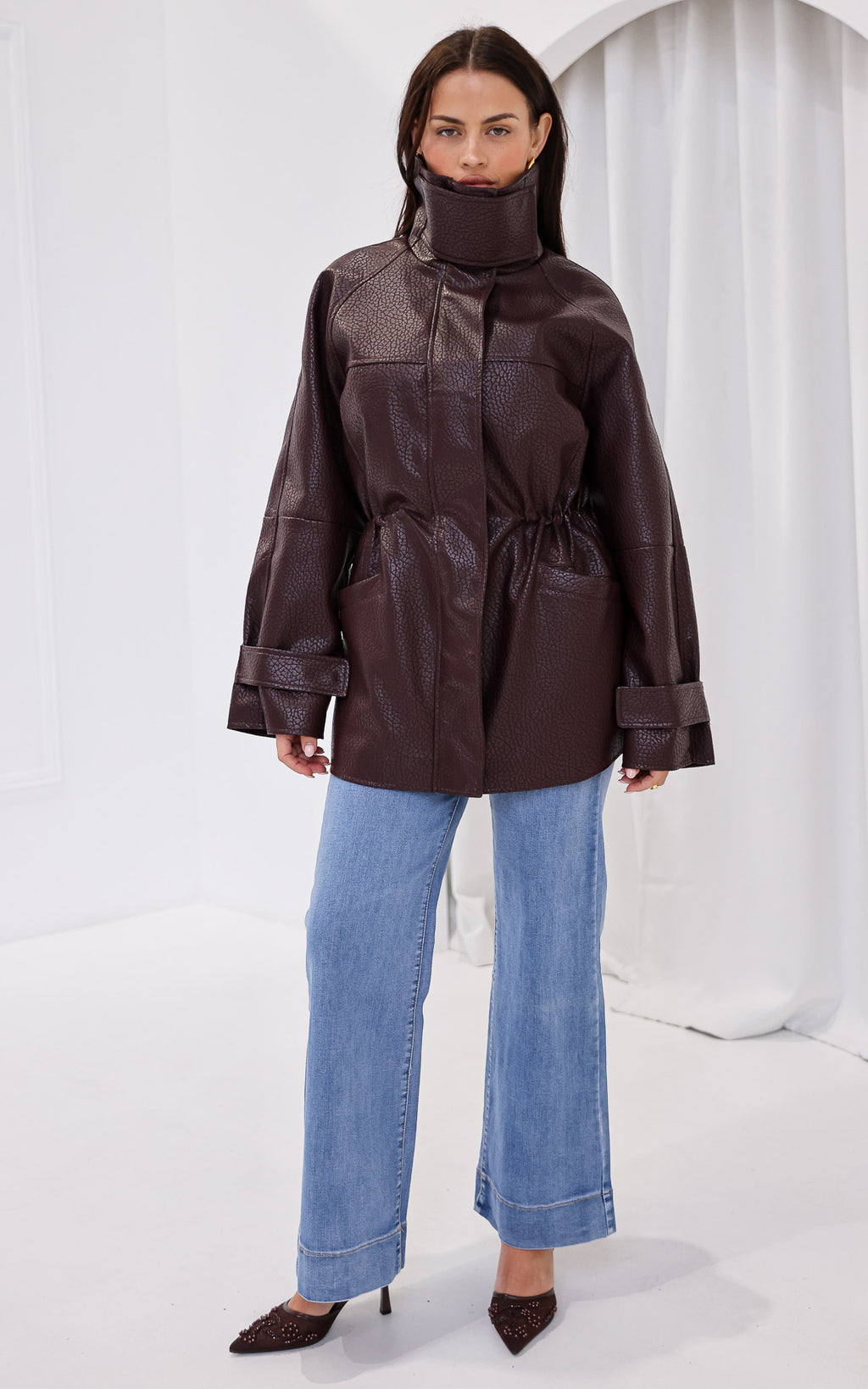 Gianna Faux Leather Parka - Wine Texture
