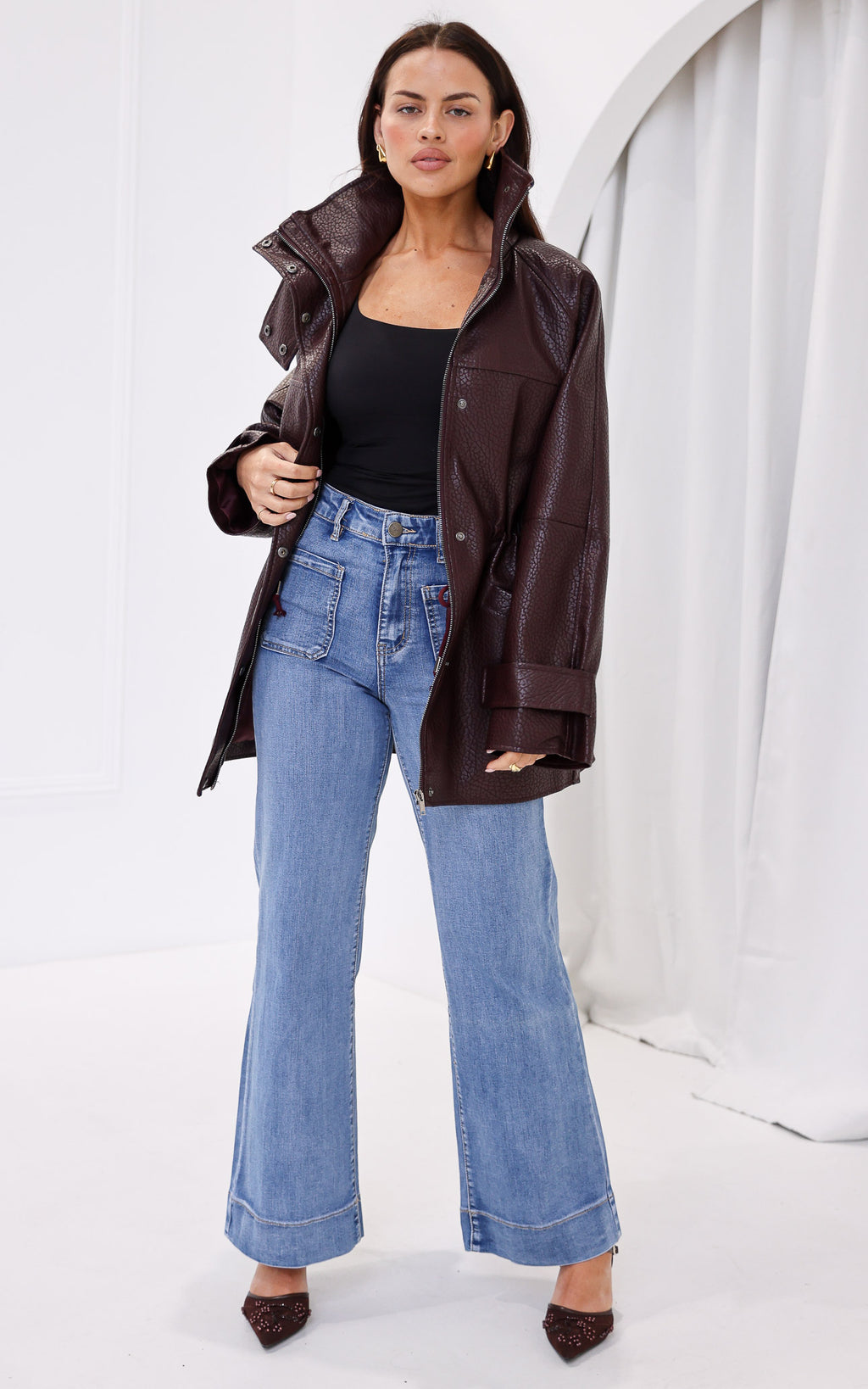 Gianna Faux Leather Parka - Wine Texture