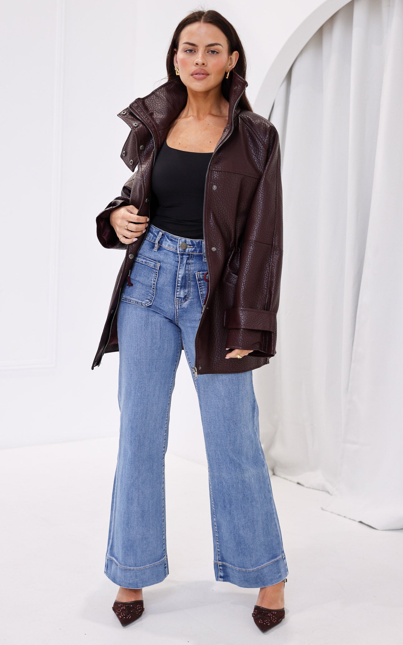 Gianna Faux Leather Parka - Wine Texture