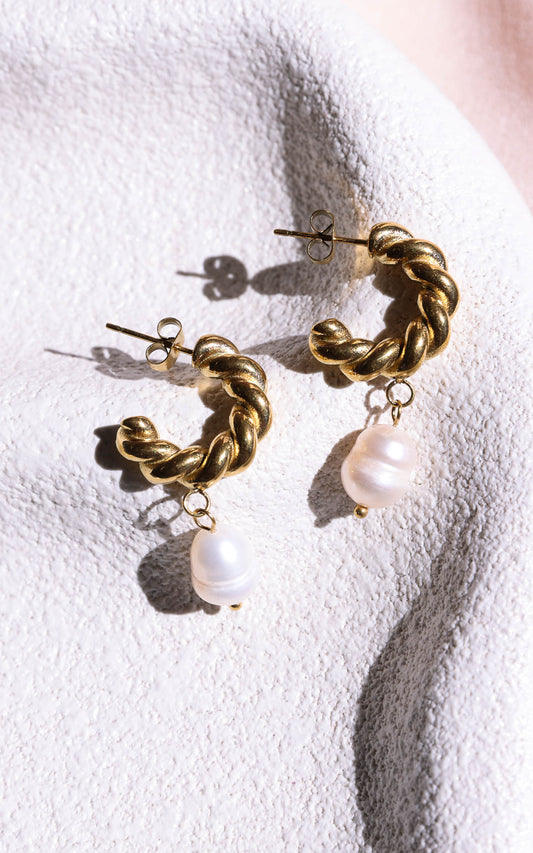 Hadley Hoop Earrings - Gold Pearl Charm Twist