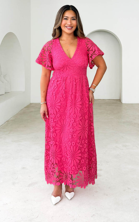 Haizlee Lace Maxi Dress - Hot Pink