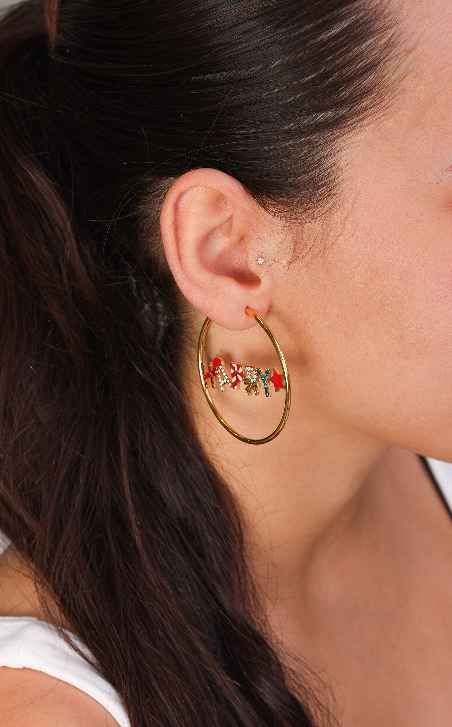 Happy Christmas Hoop Earrings - Big Gold Happy