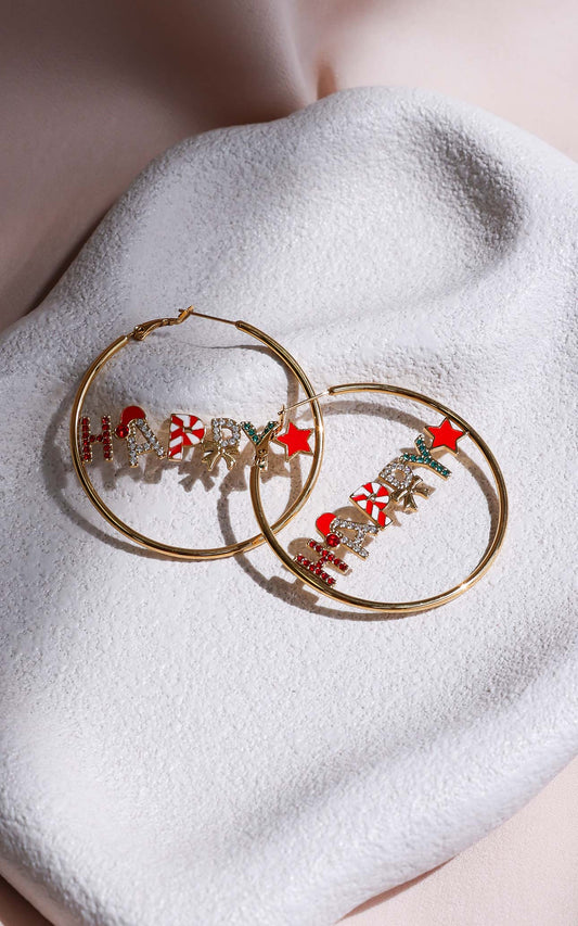 Happy Christmas Hoop Earrings - Big Gold Happy