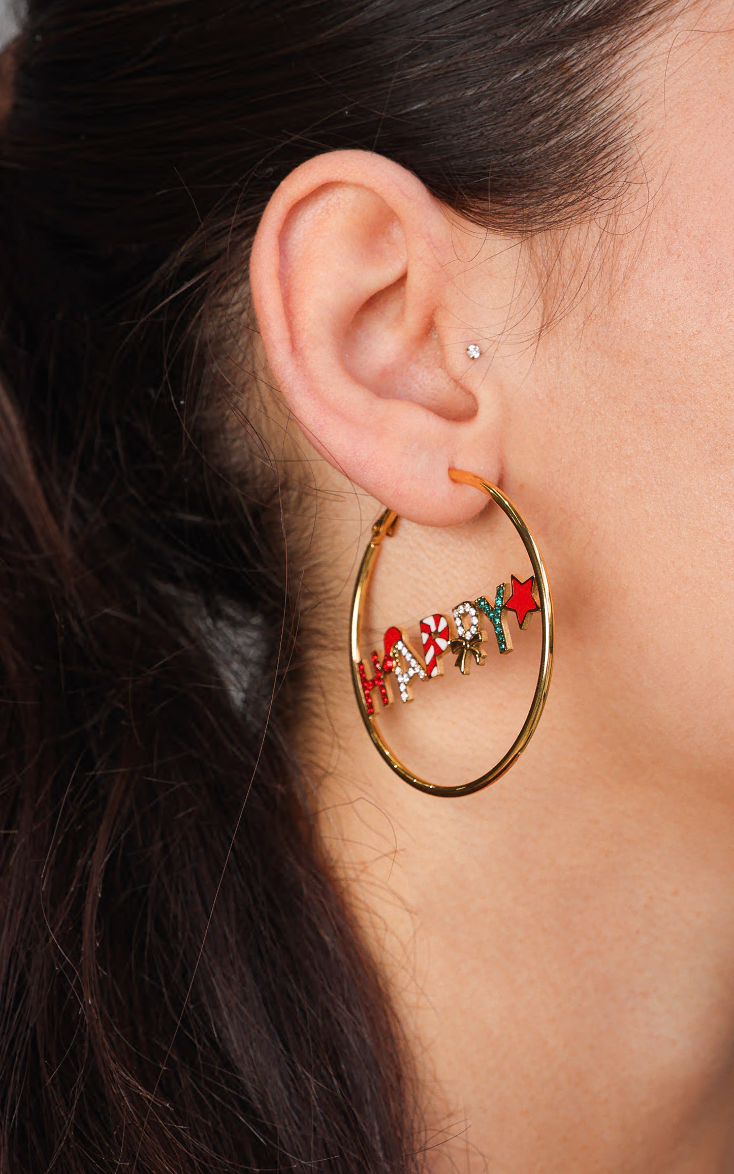 Happy Christmas Hoop Earrings - Big Gold Happy