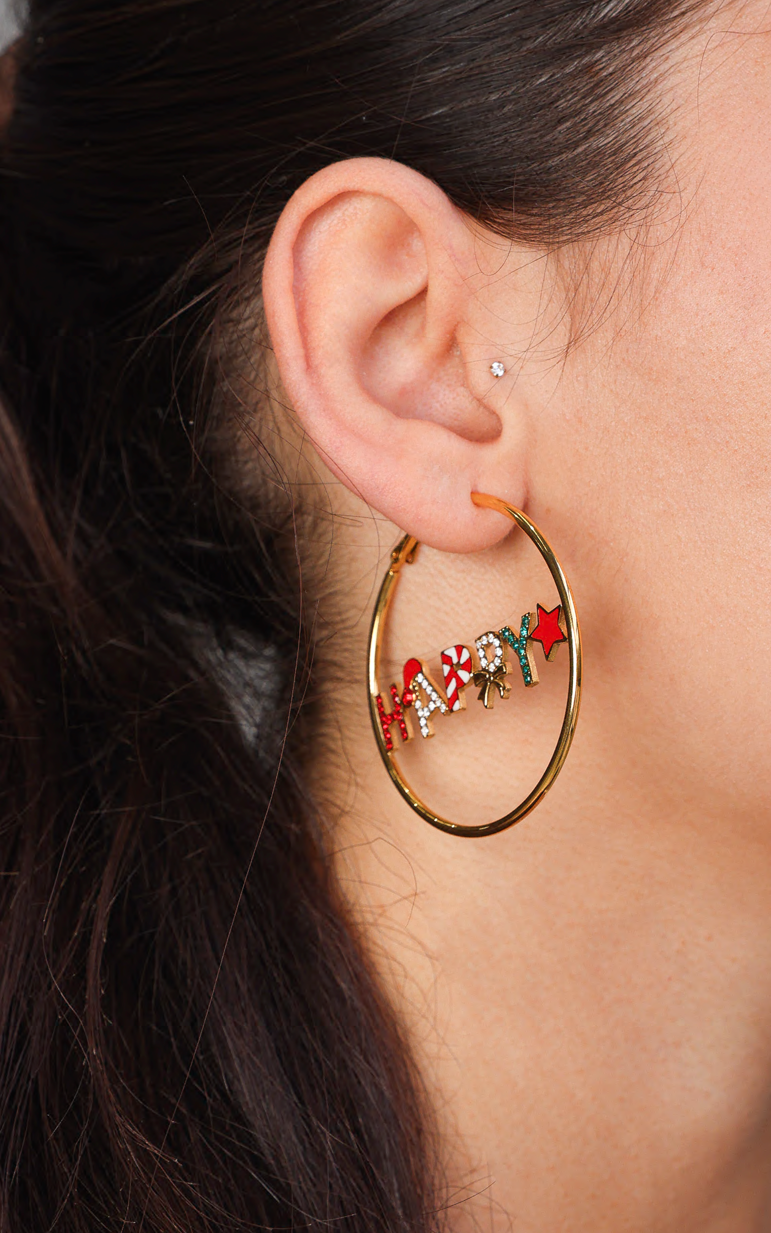 Happy Christmas Hoop Earrings - Big Gold Happy