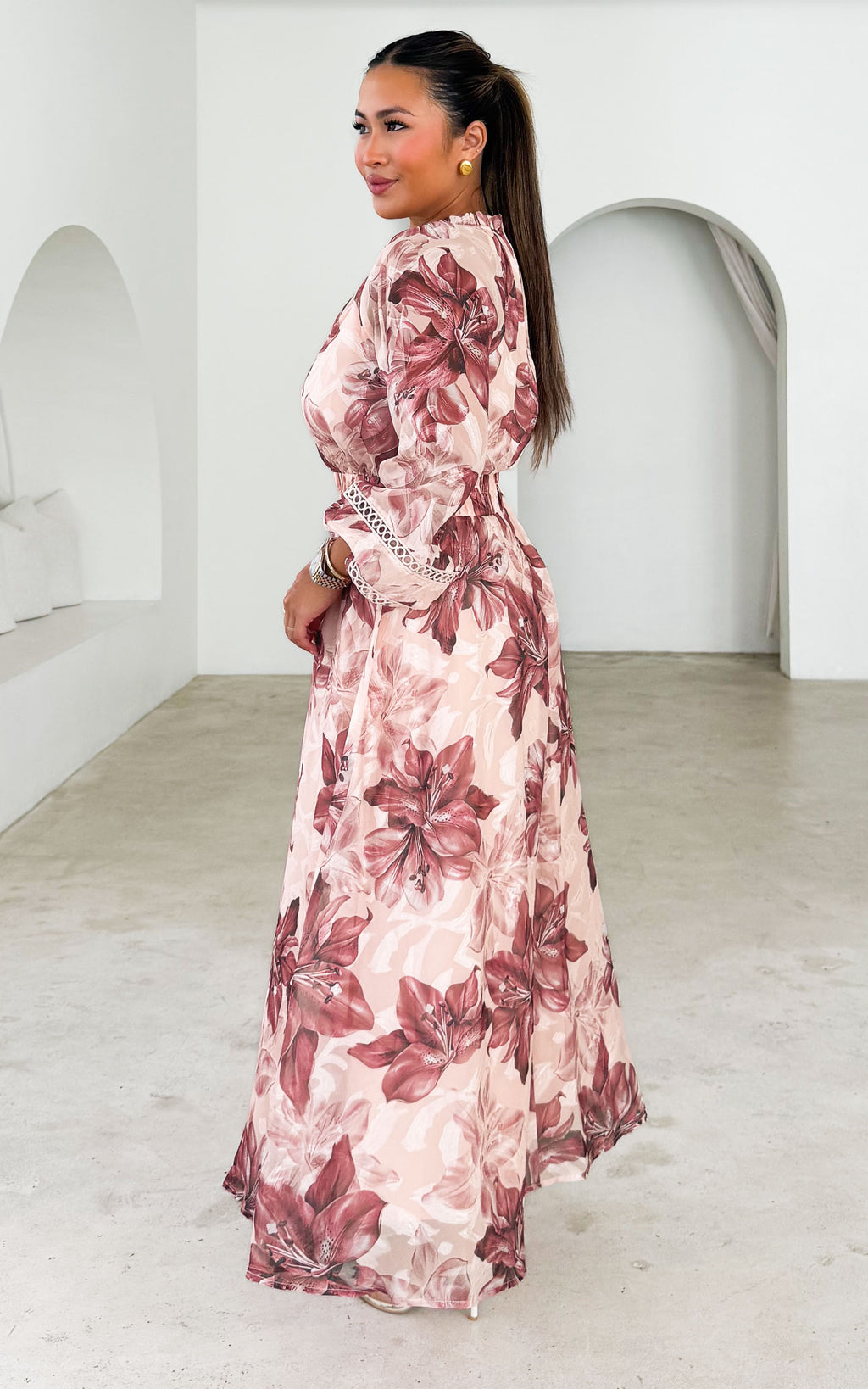 Harriet Maxi Dress - Pink Beige Floral Texture